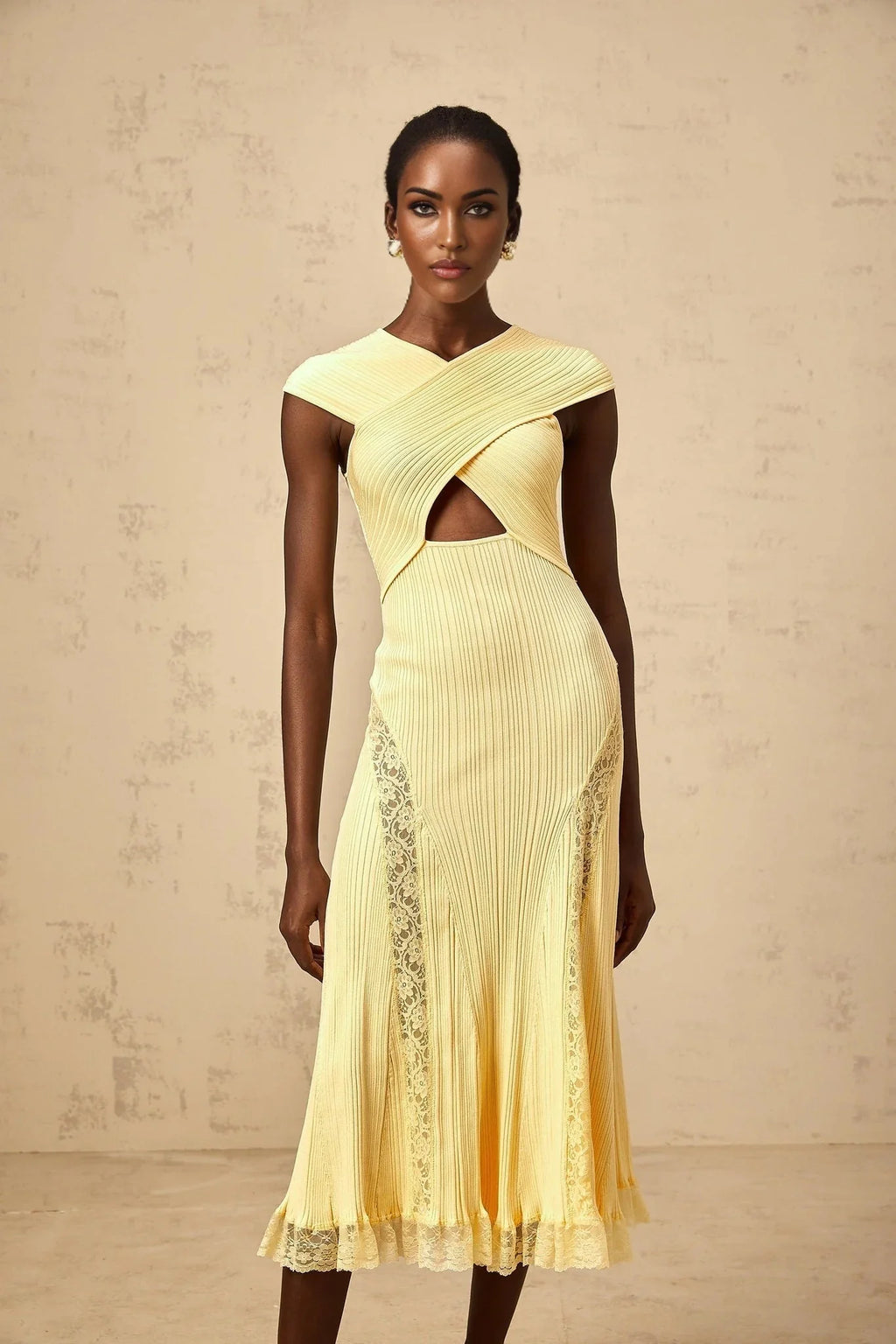 Mariah Midi Dress Yellow Lace Panel & Rib - Knit