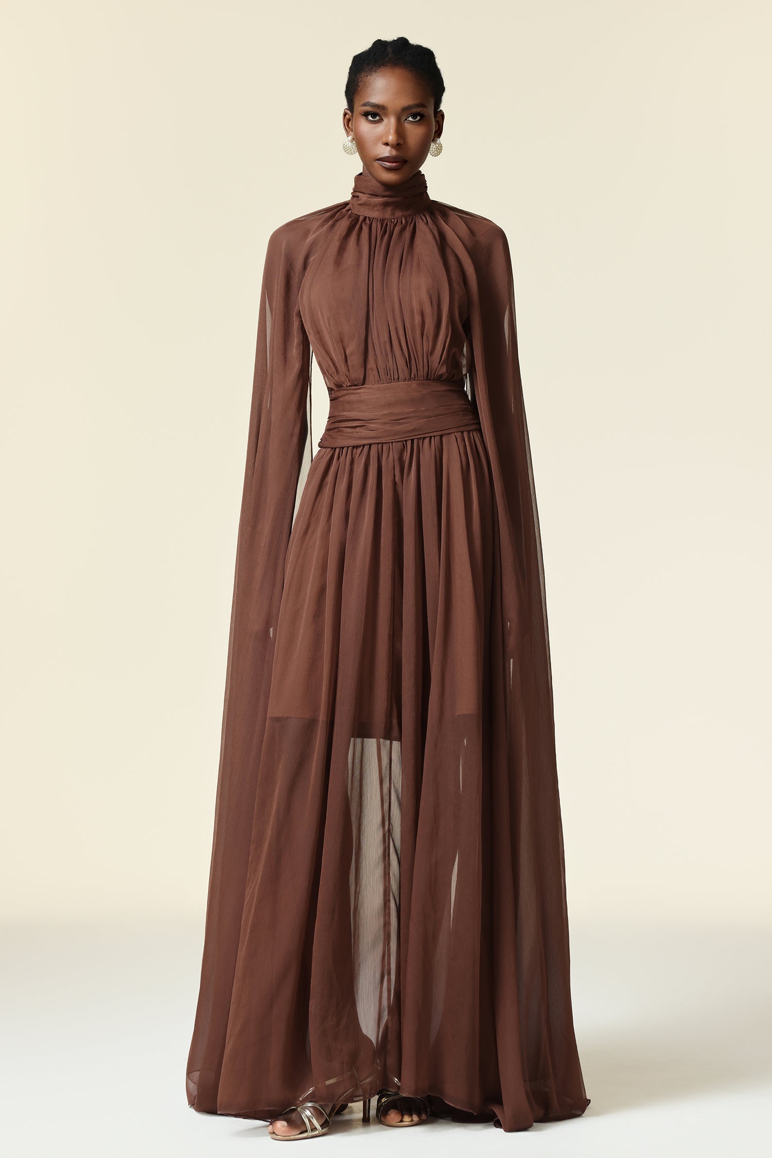 Mariangela Brown Maxi Dress High Neckline Long Sleeves Elegant