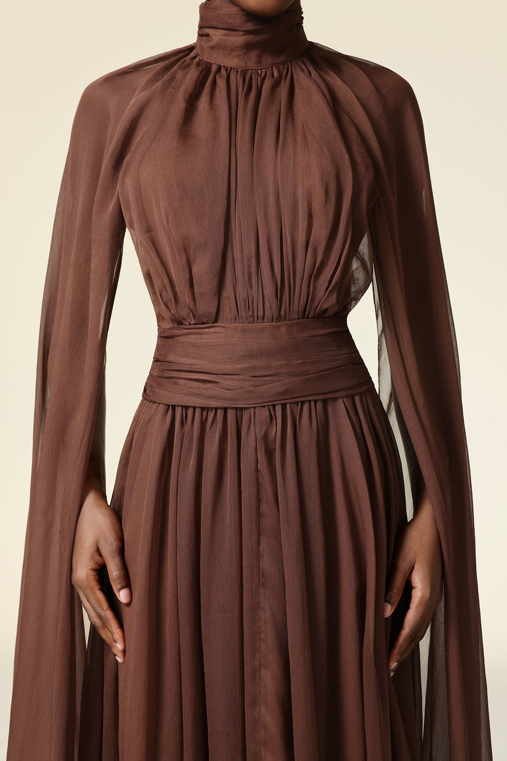 Mariangela Brown Maxi Dress with High Neckline and Intricate Bodice Detailing