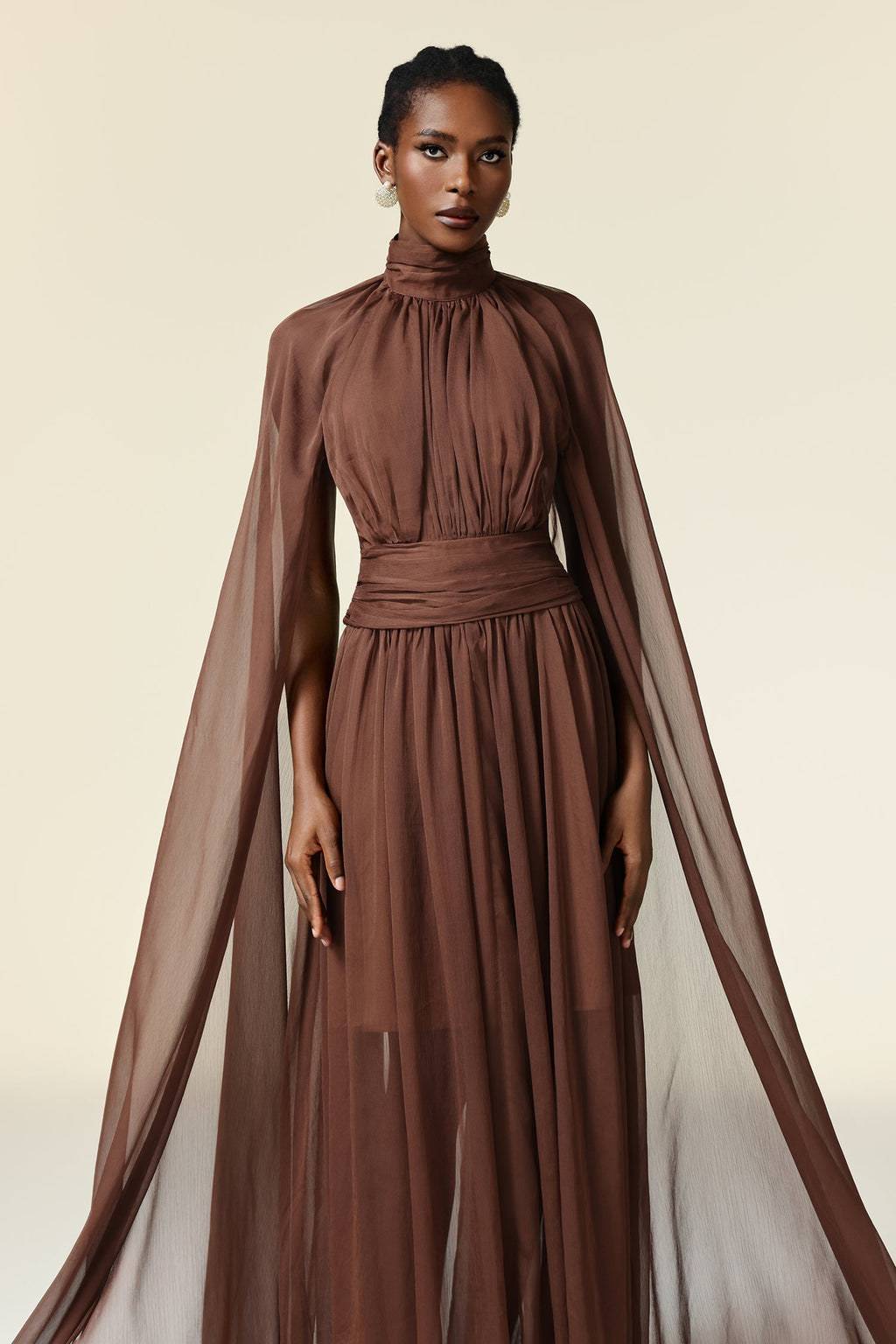 Mariangela Brown Maxi Dress Elegant High Neckline Long Sleeves