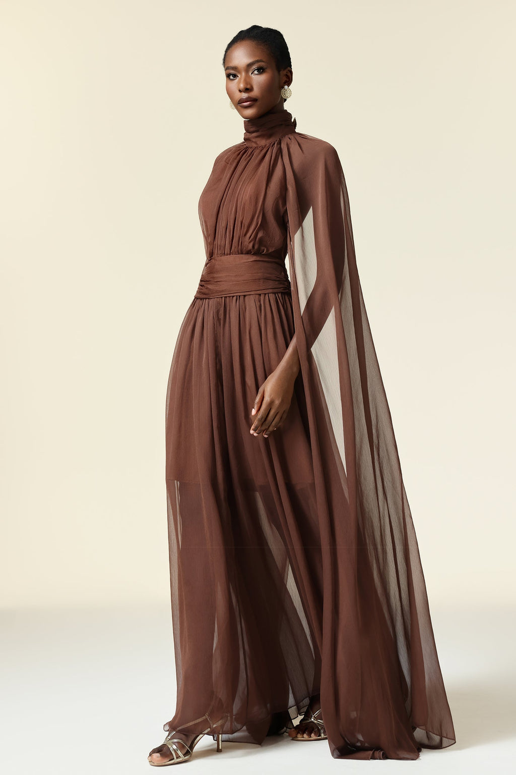 Mariangela Brown Maxi Dress High Neckline Elegant Style Long Sleeves Formal Gatherings