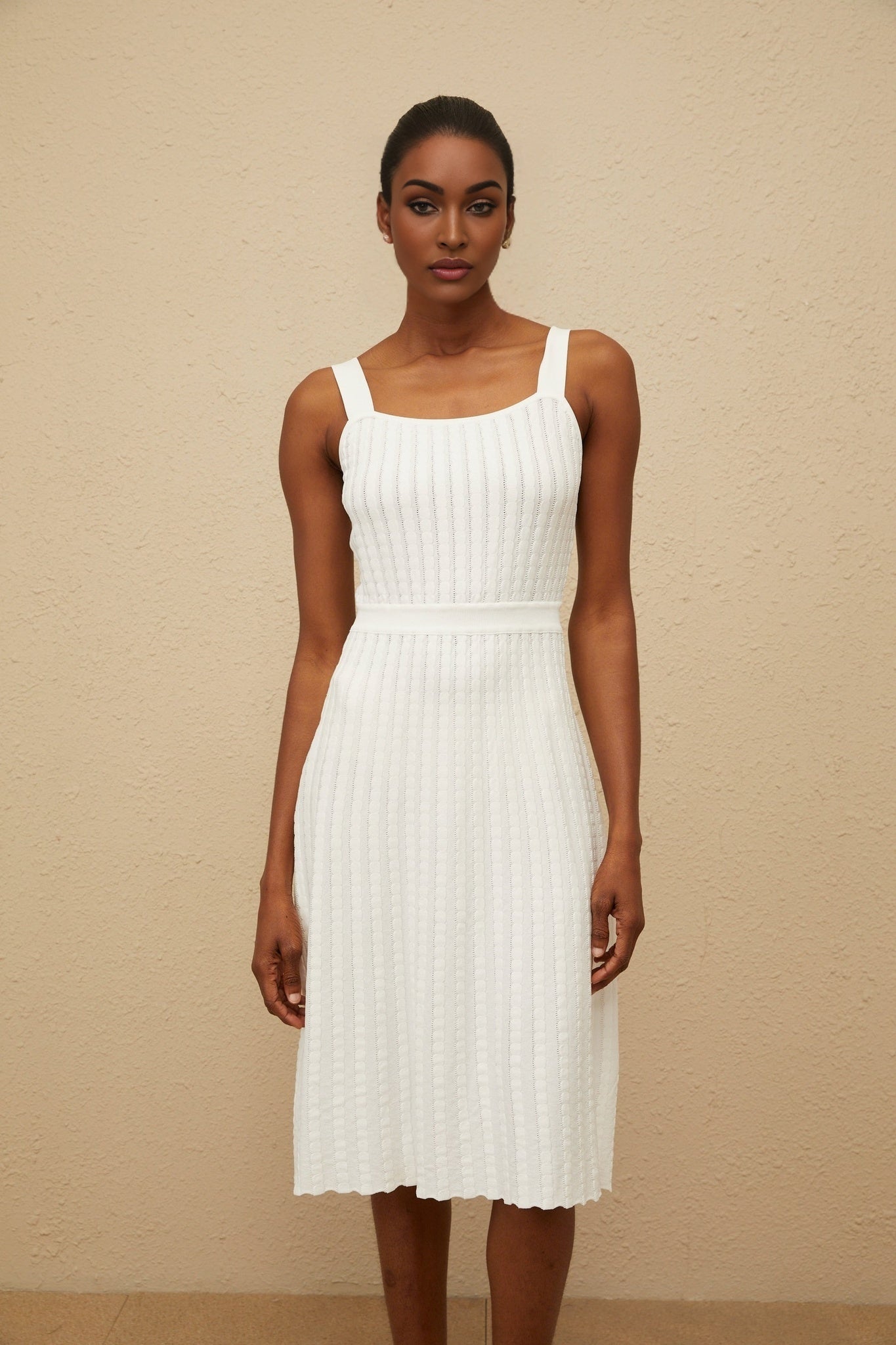 Mariangela Knit Dress - Square Neck - Sleeveless - Fitted Waistline - Ribbed Knit - Scallop Hem