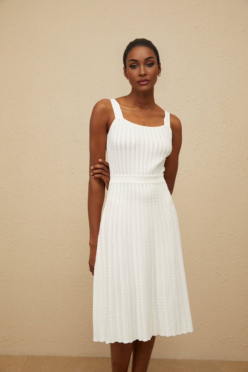 Mariangela Knit Dress - Square Neck - Sleeveless - Fitted Waistline - Ribbed Knit - Scallop Hem