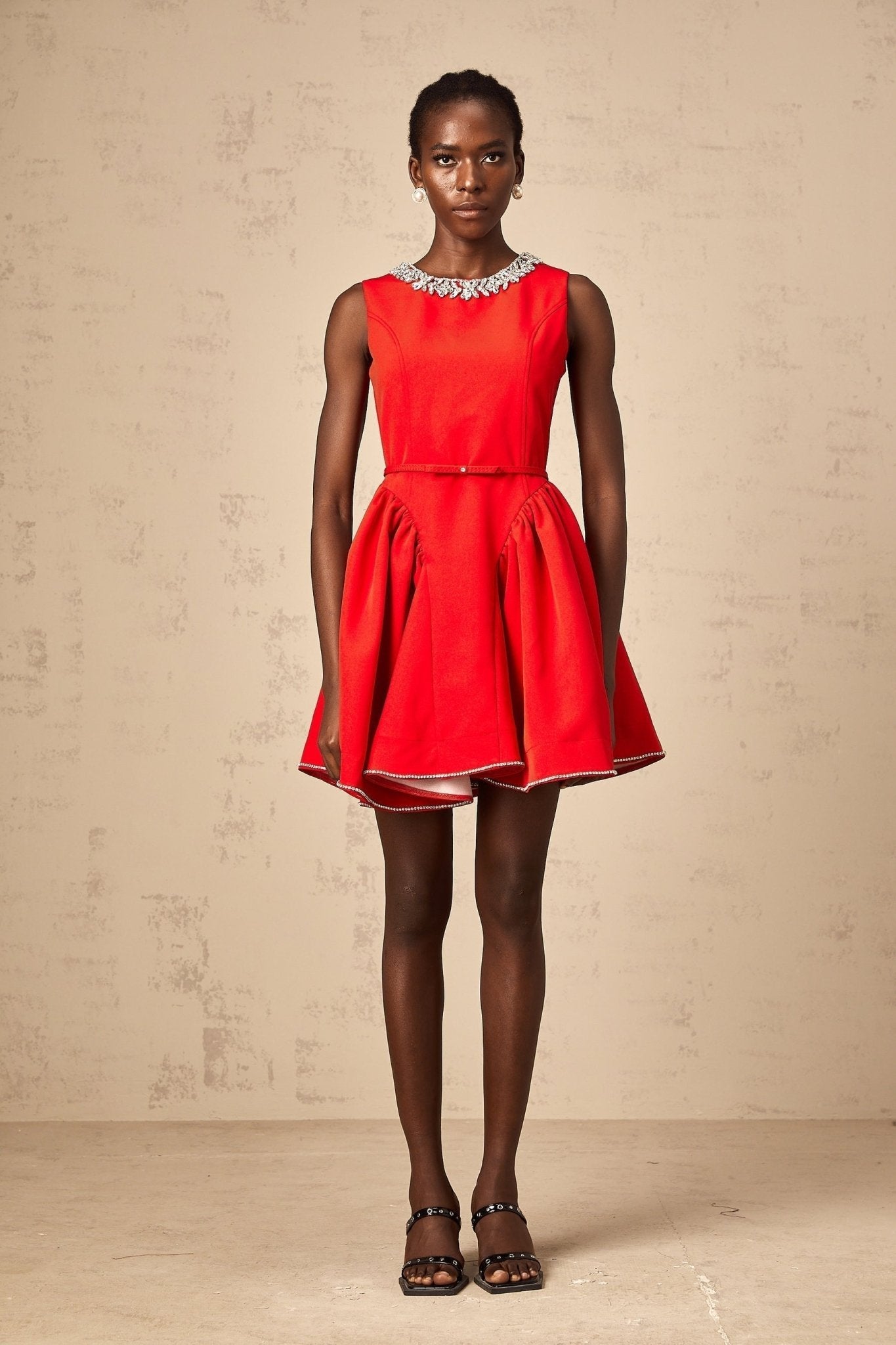 Mariangela Mini Dress Red Crystal Pleated Thigh Length