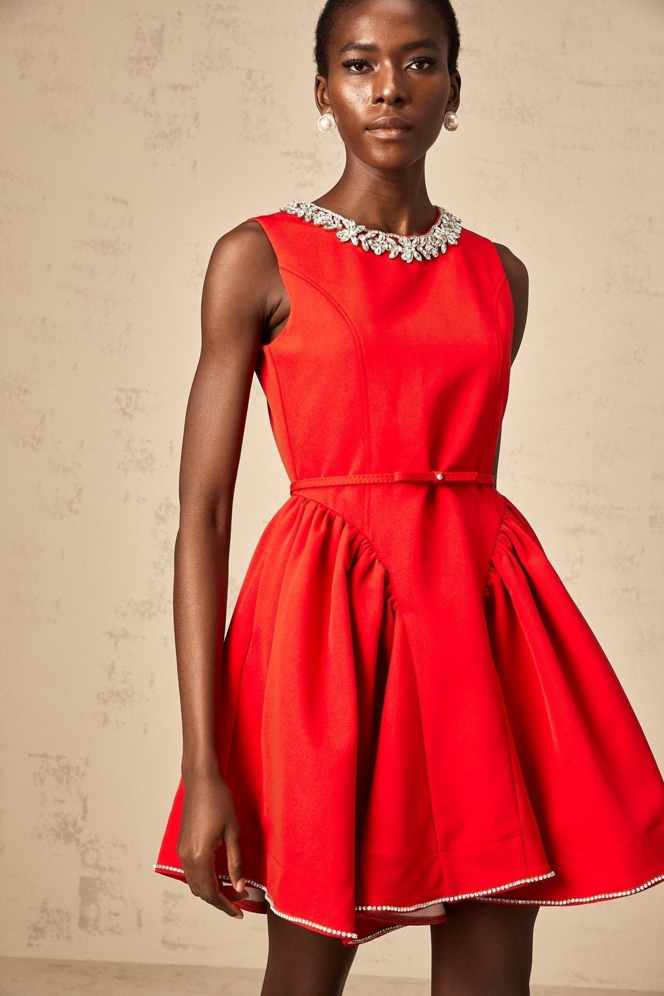 Mariangela Mini Dress Red Crystal Pleated Thigh Length