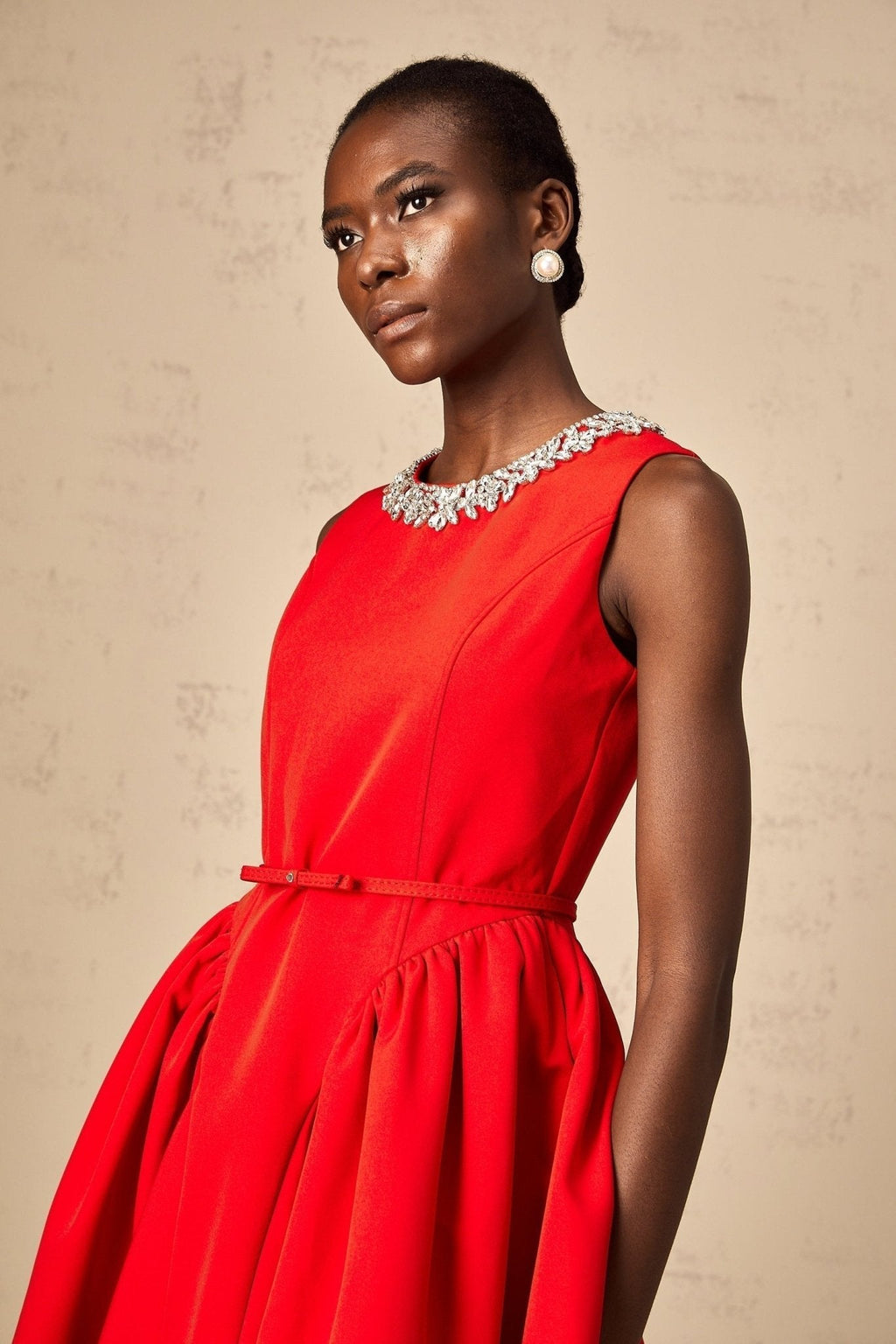 Mariangela Mini Dress Red Crystal Pleated Thigh Length