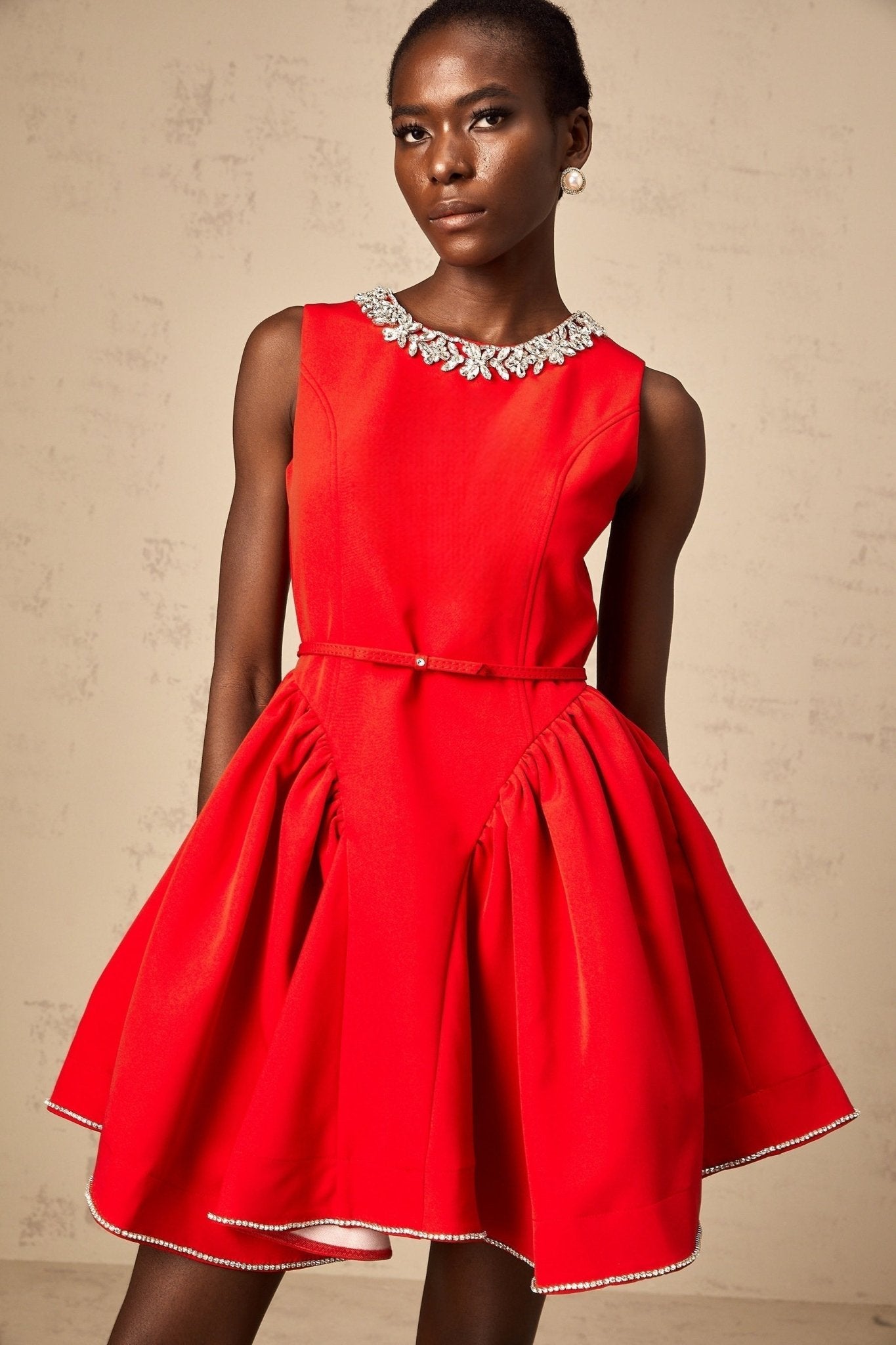 Mariangela Mini Dress Red Crystal Pleated Thigh Length