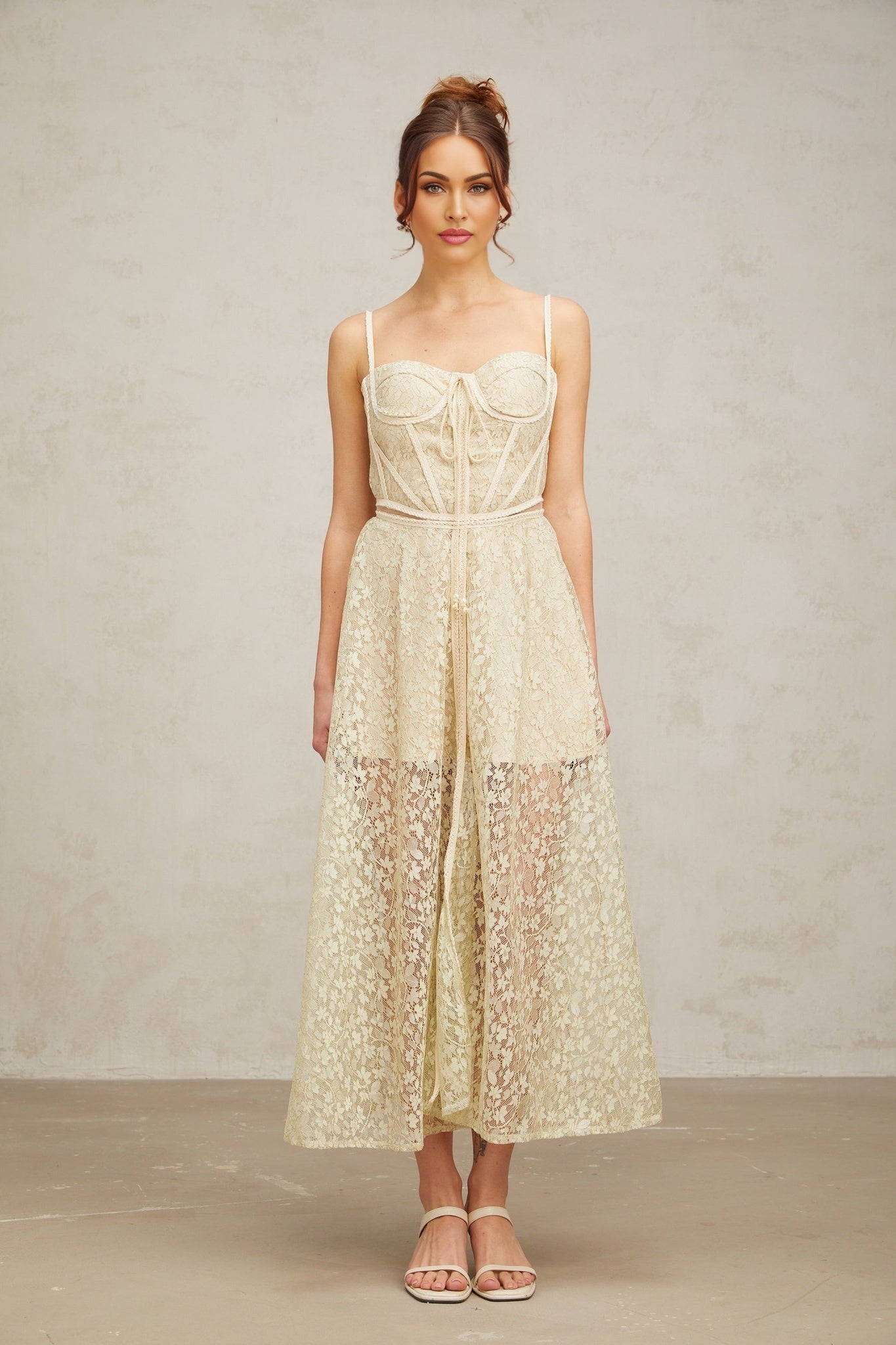 Marianna Floral Midi Dress - Light Green Cut - Out Design with Sleeveless Feature