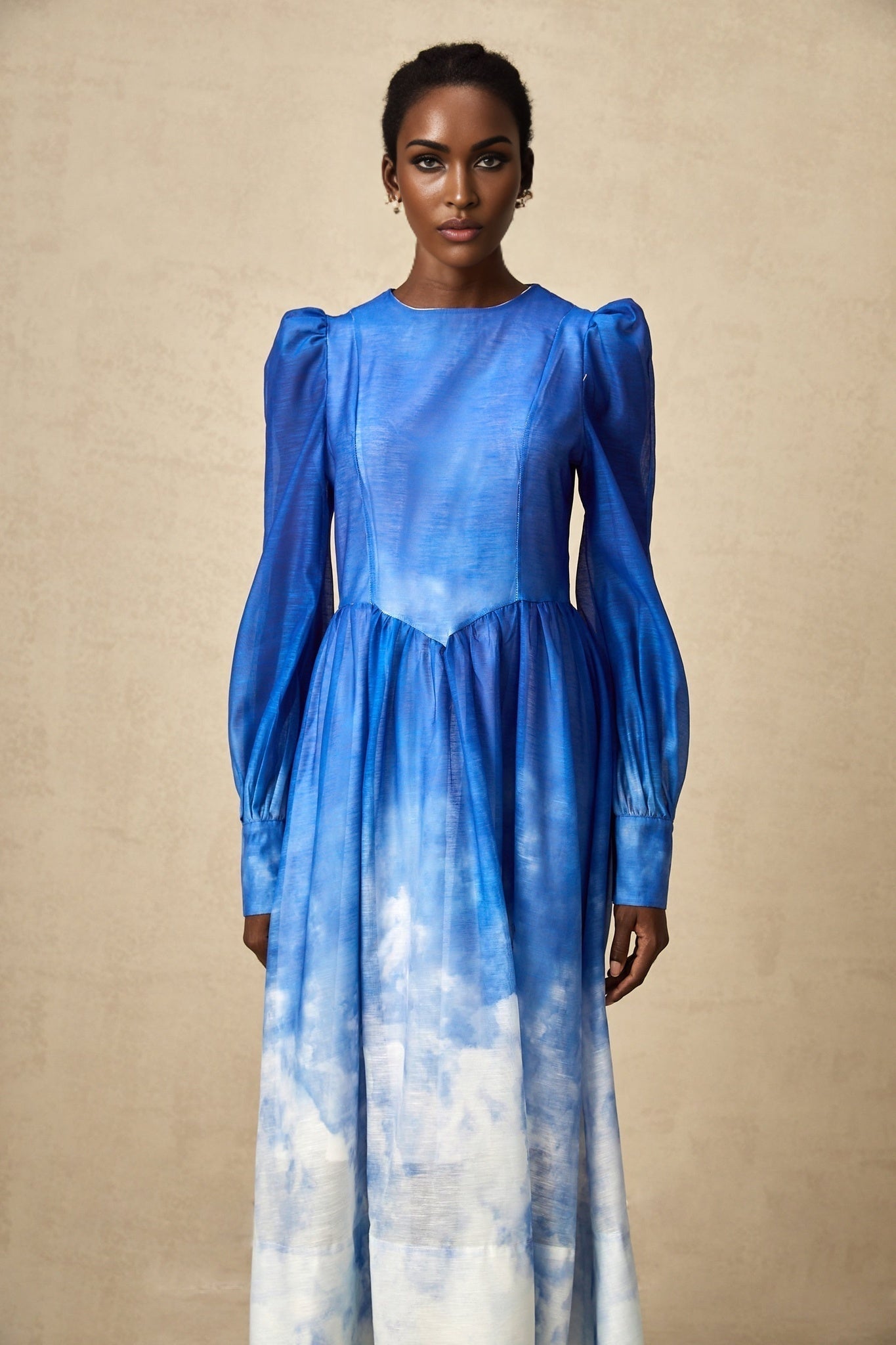 Marianna Midi Dress Blue Gradient Puff Sleeve Pleated Skirt