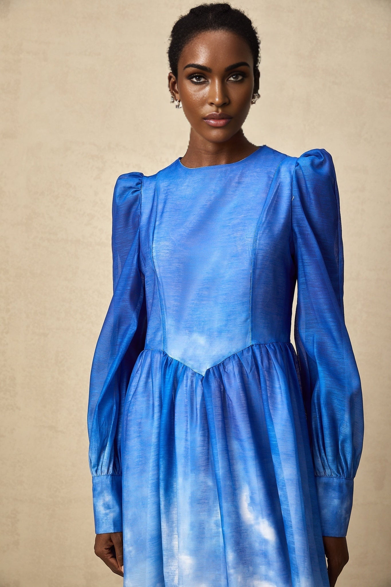 Marianna Midi Dress Blue Gradient Puff Sleeve Pleated Skirt