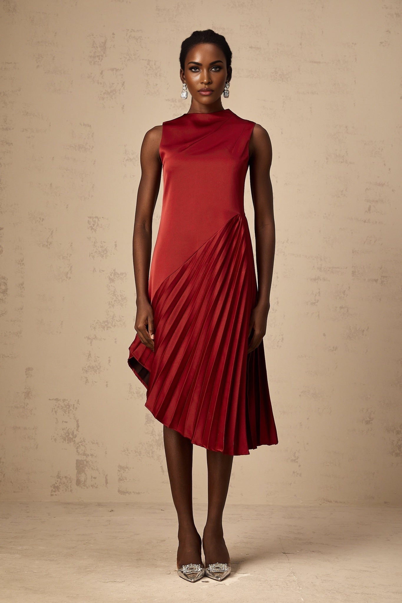 Marianna Midi Dress Wine Red Asymmetric Pleated