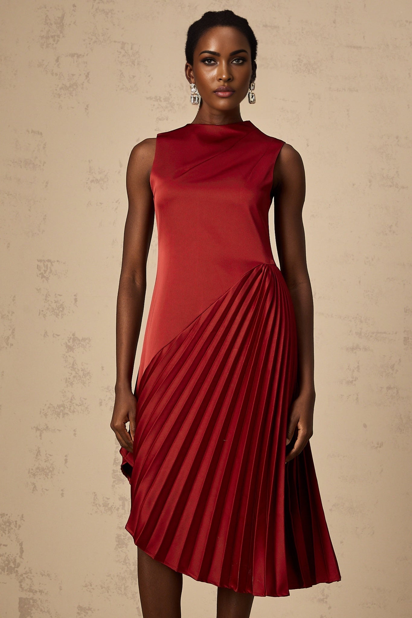 Marianna Midi Dress Wine Red Asymmetric Pleated