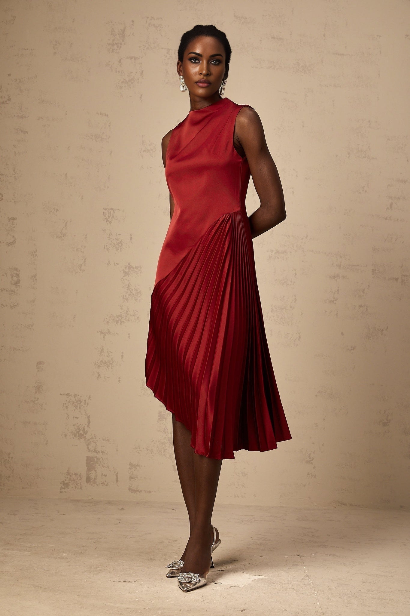Marianna Midi Dress Wine Red Asymmetric Pleated