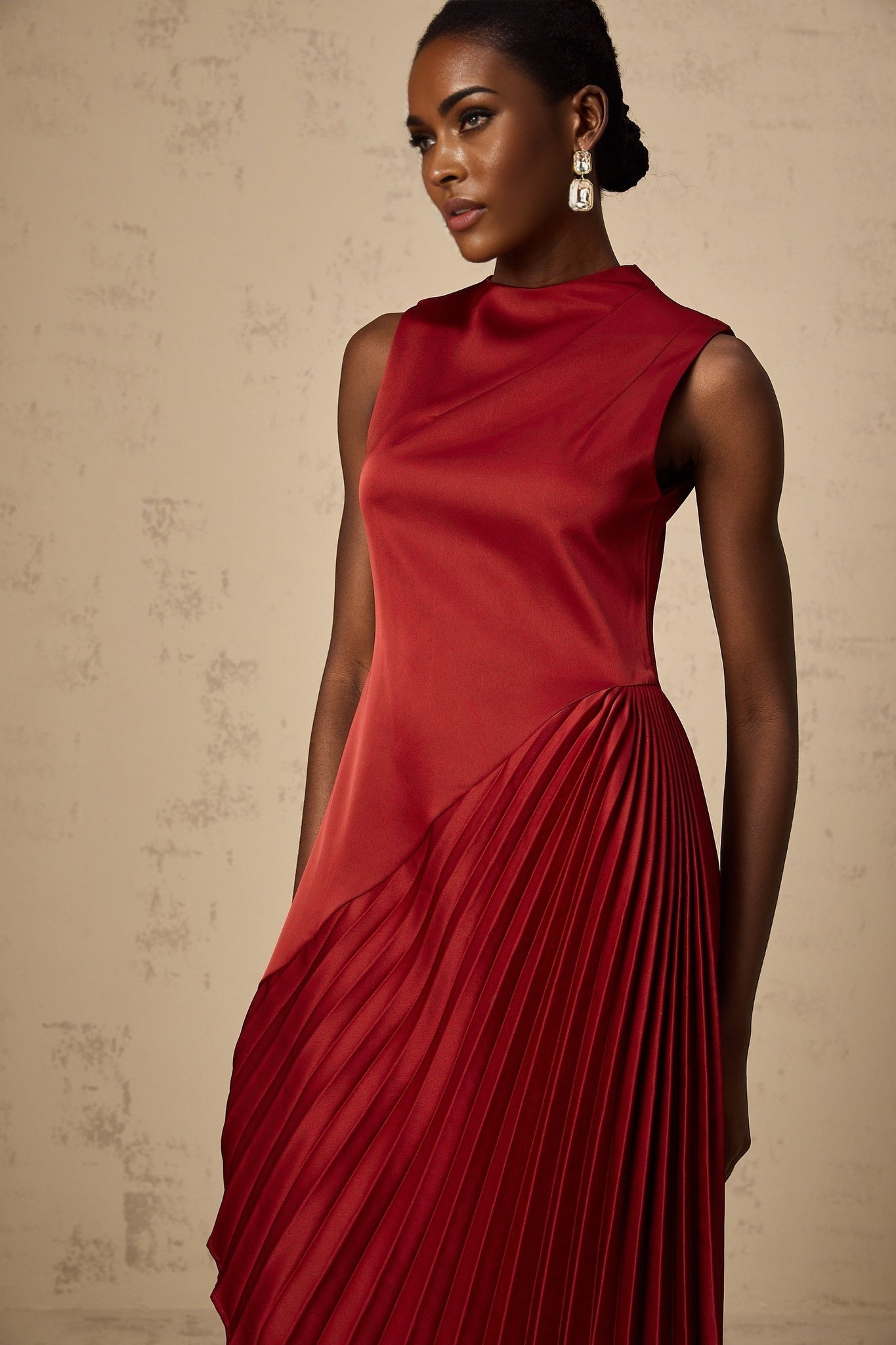 Marianna Midi Dress Wine Red Asymmetric Pleated