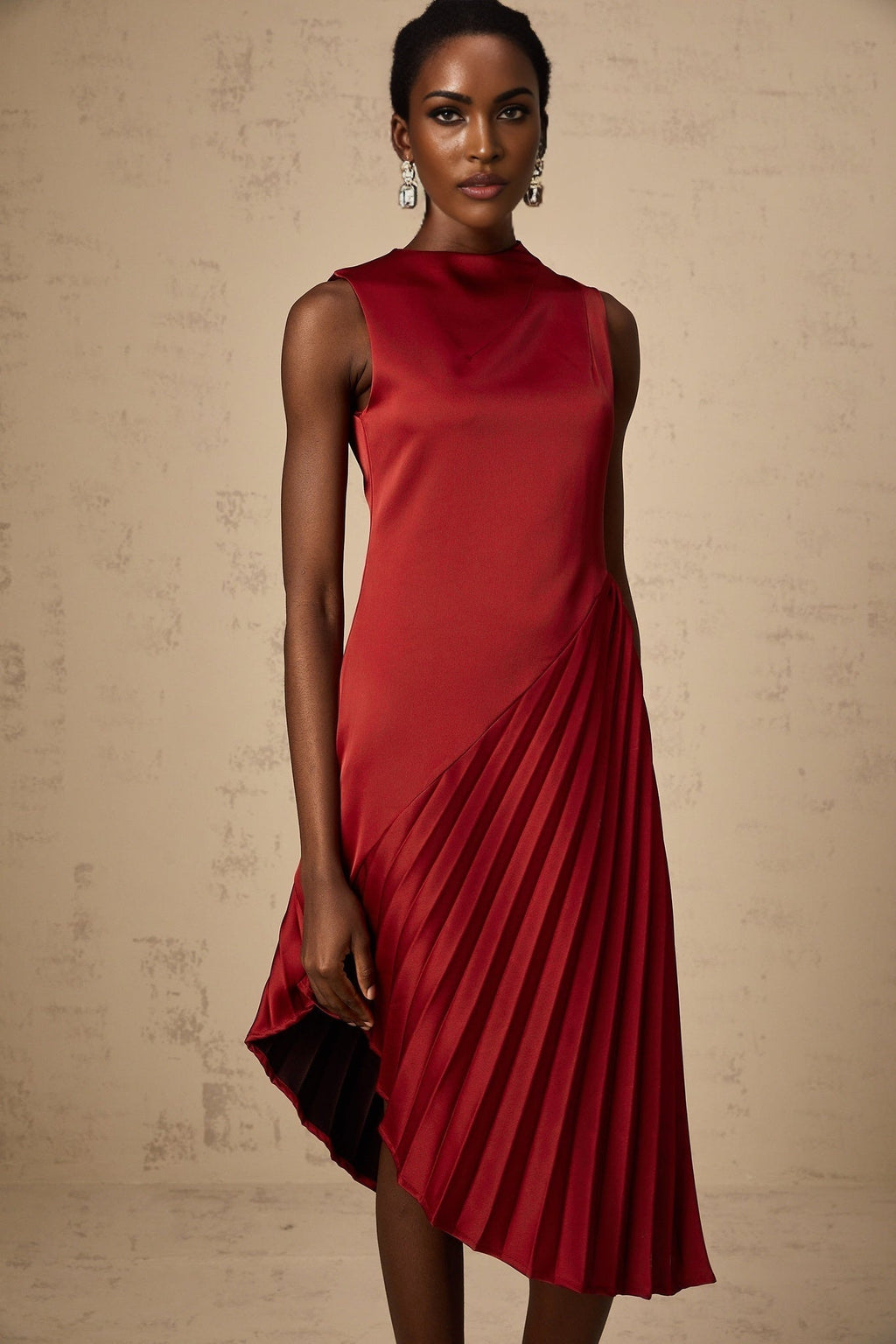 Marianna Midi Dress Wine Red Asymmetric Pleated