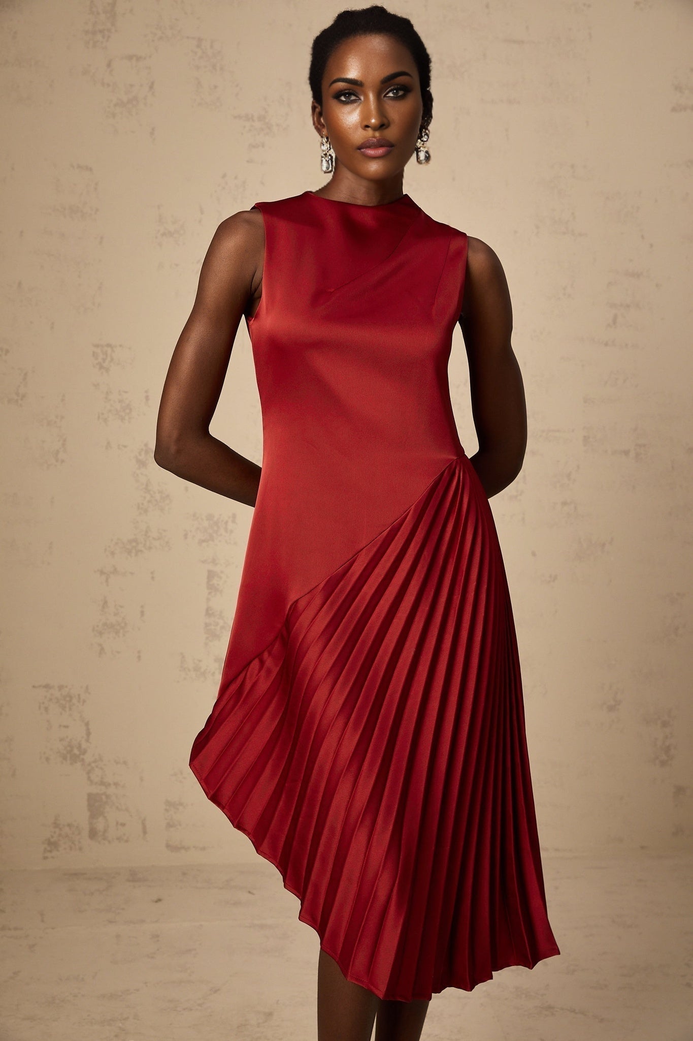 Marianna Midi Dress Wine Red Asymmetric Pleated
