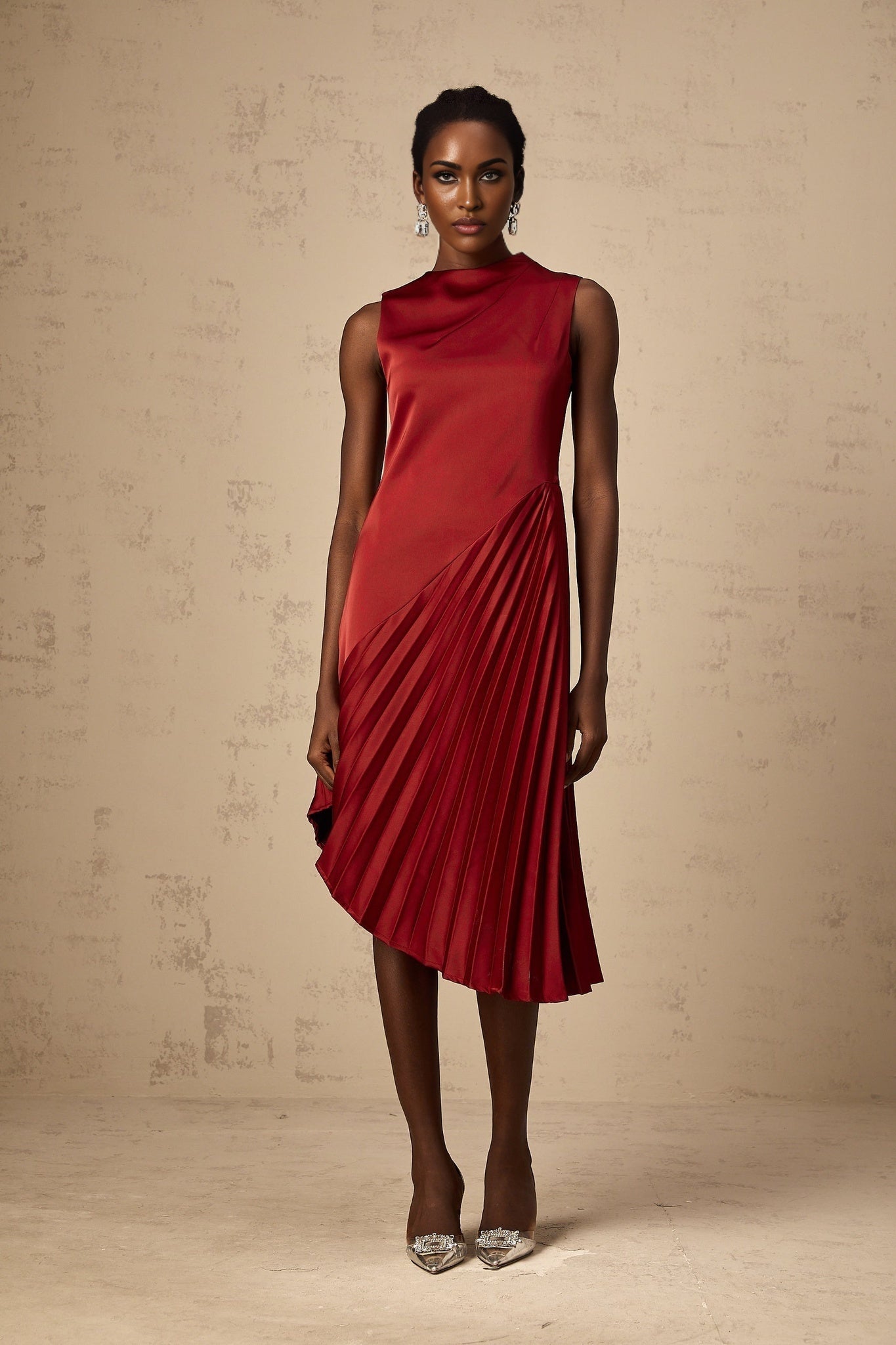 Marianna Midi Dress Wine Red Asymmetric Pleated