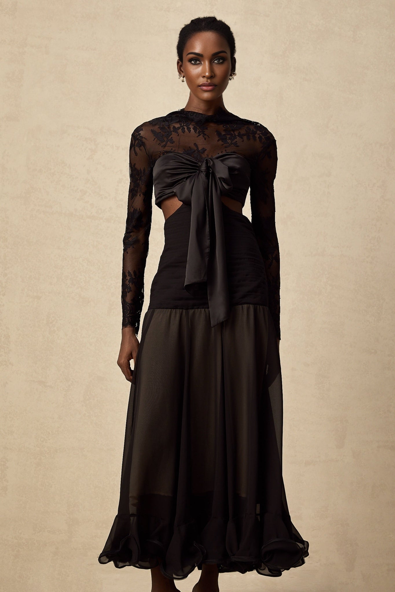 Mariarosa Black Floral Lace Maxi Dress with Oversized Bow