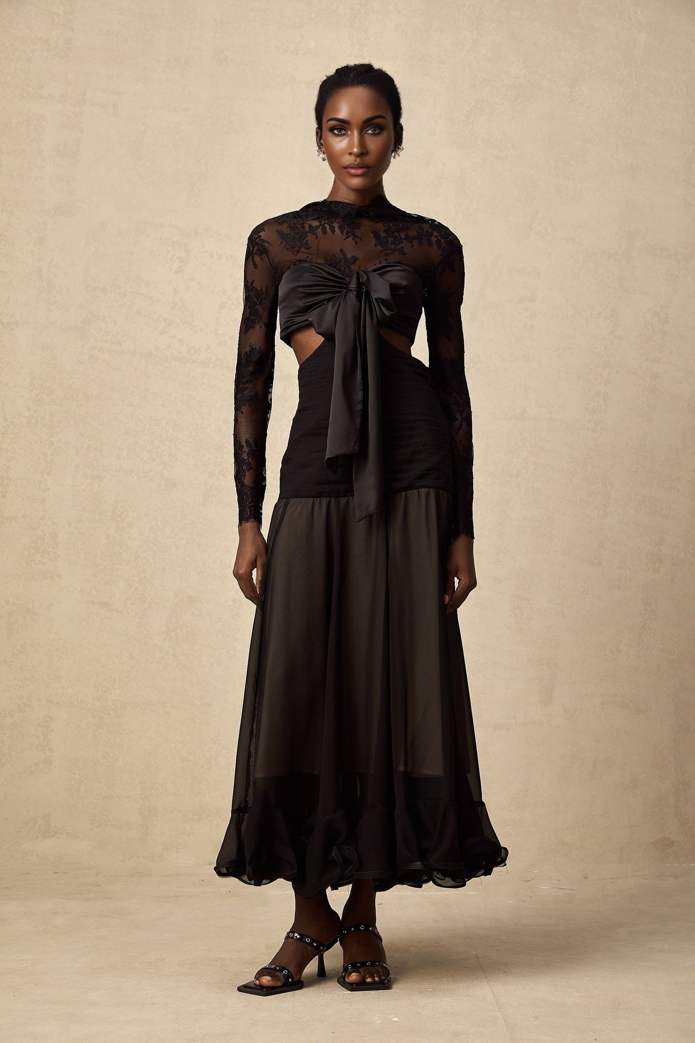 Mariarosa Black Floral Lace Maxi Dress with Oversized Bow