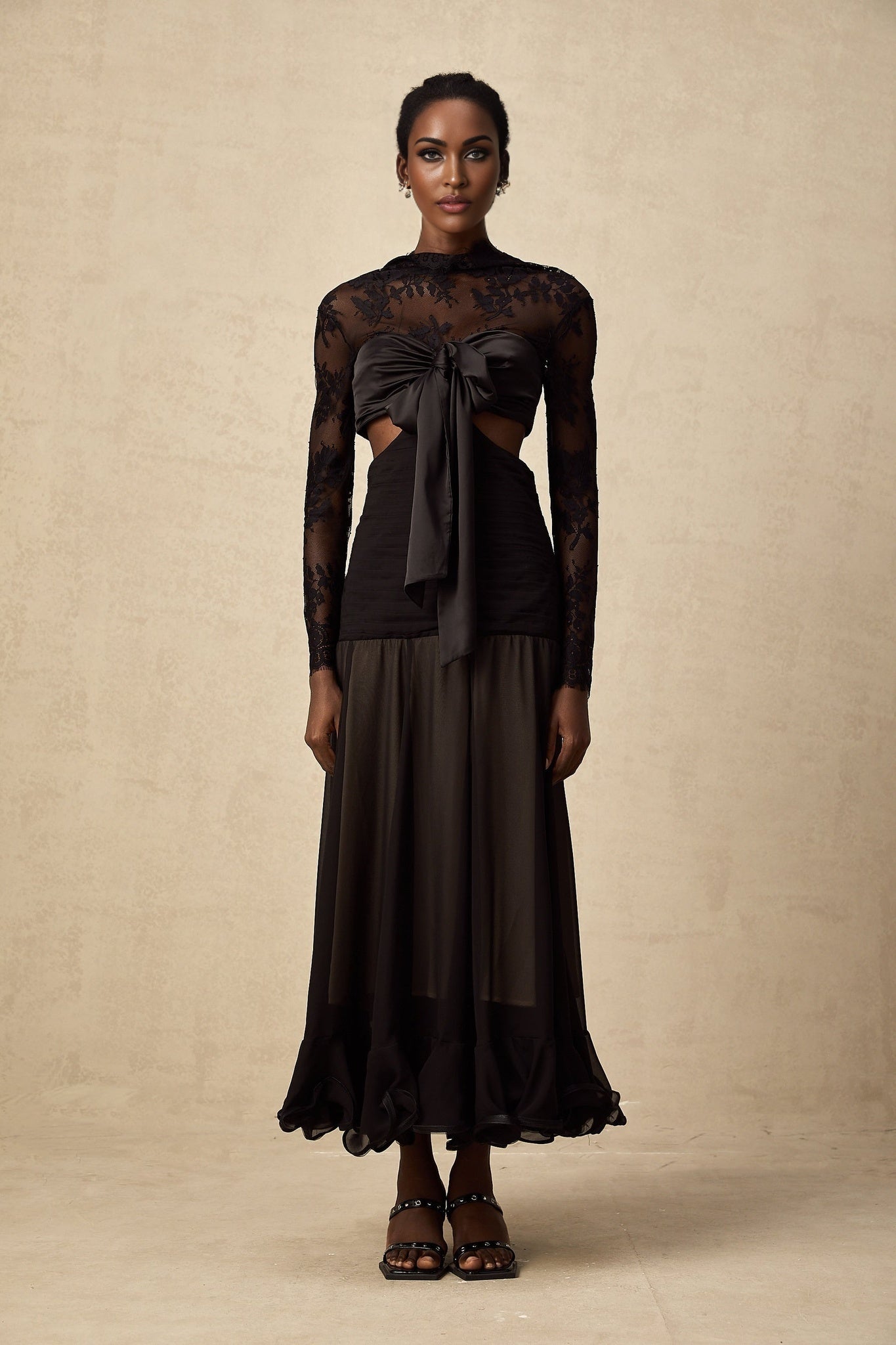 Mariarosa Black Floral Lace Maxi Dress with Oversized Bow
