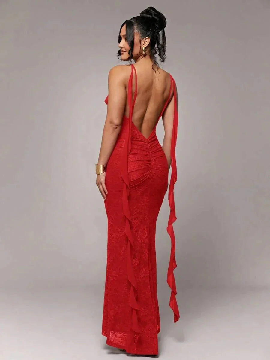 Mariarosa Maxi Dress - Formal & Evening Occasion - Refined Style - Sleeveless Length - Slim Fit - Lace Material - Neckline Spaghetti Strap