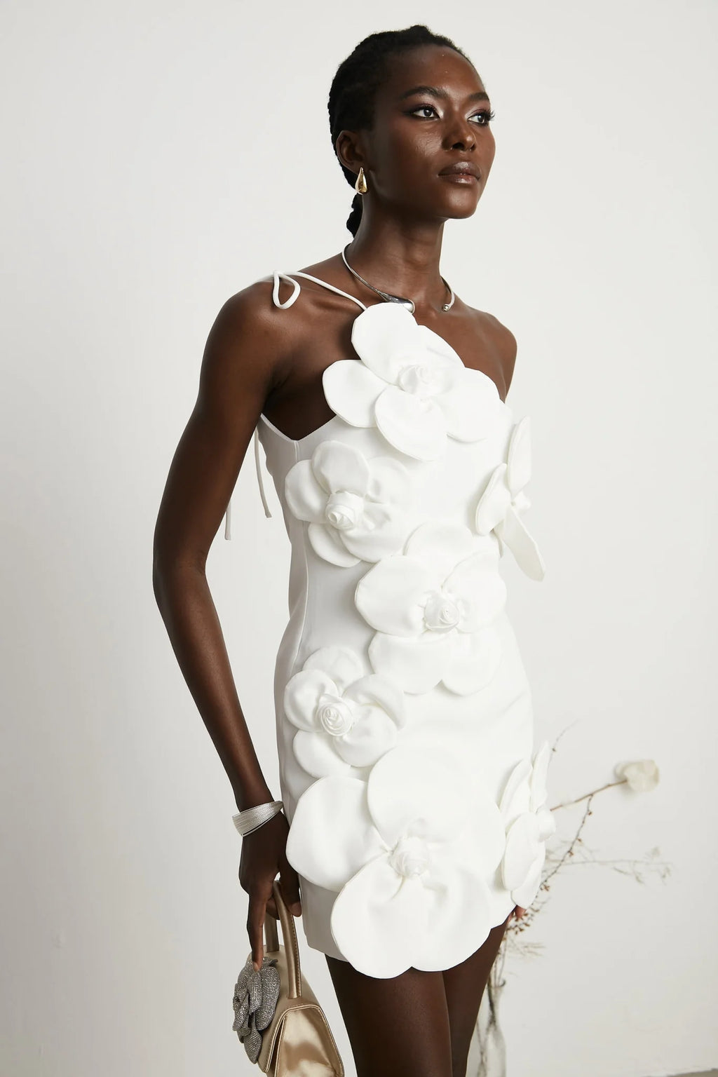 Mariarosa Mini Dress Mariarosa White Faux Flower Tie Side Zip
