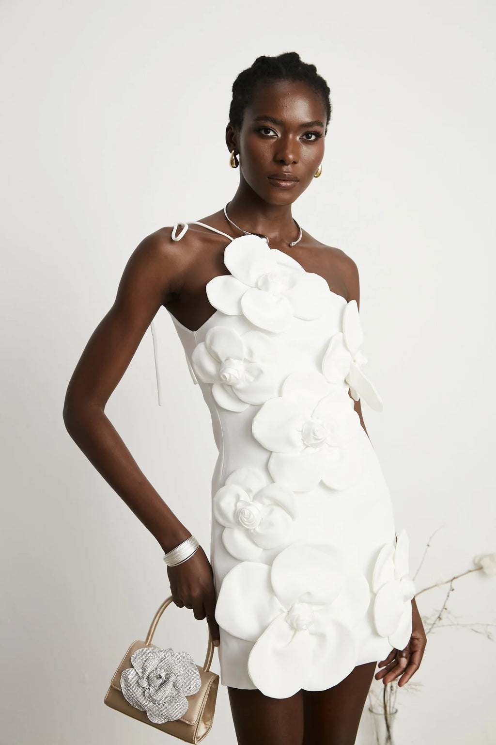 Mariarosa Mini Dress Mariarosa White Faux Flower Tie Side Zip