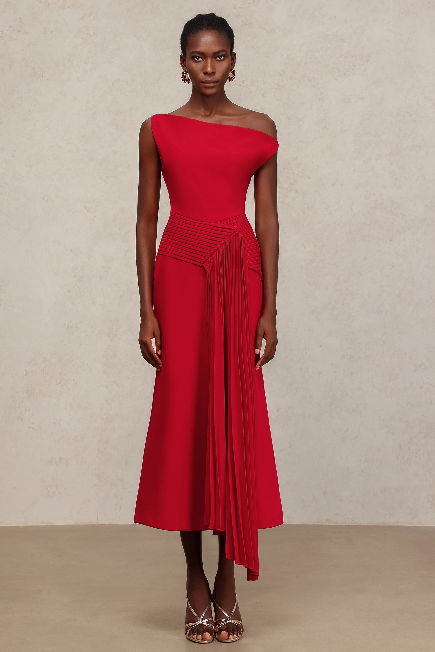 Mariarosa Red Asymmetrical Neckline Dress for Women