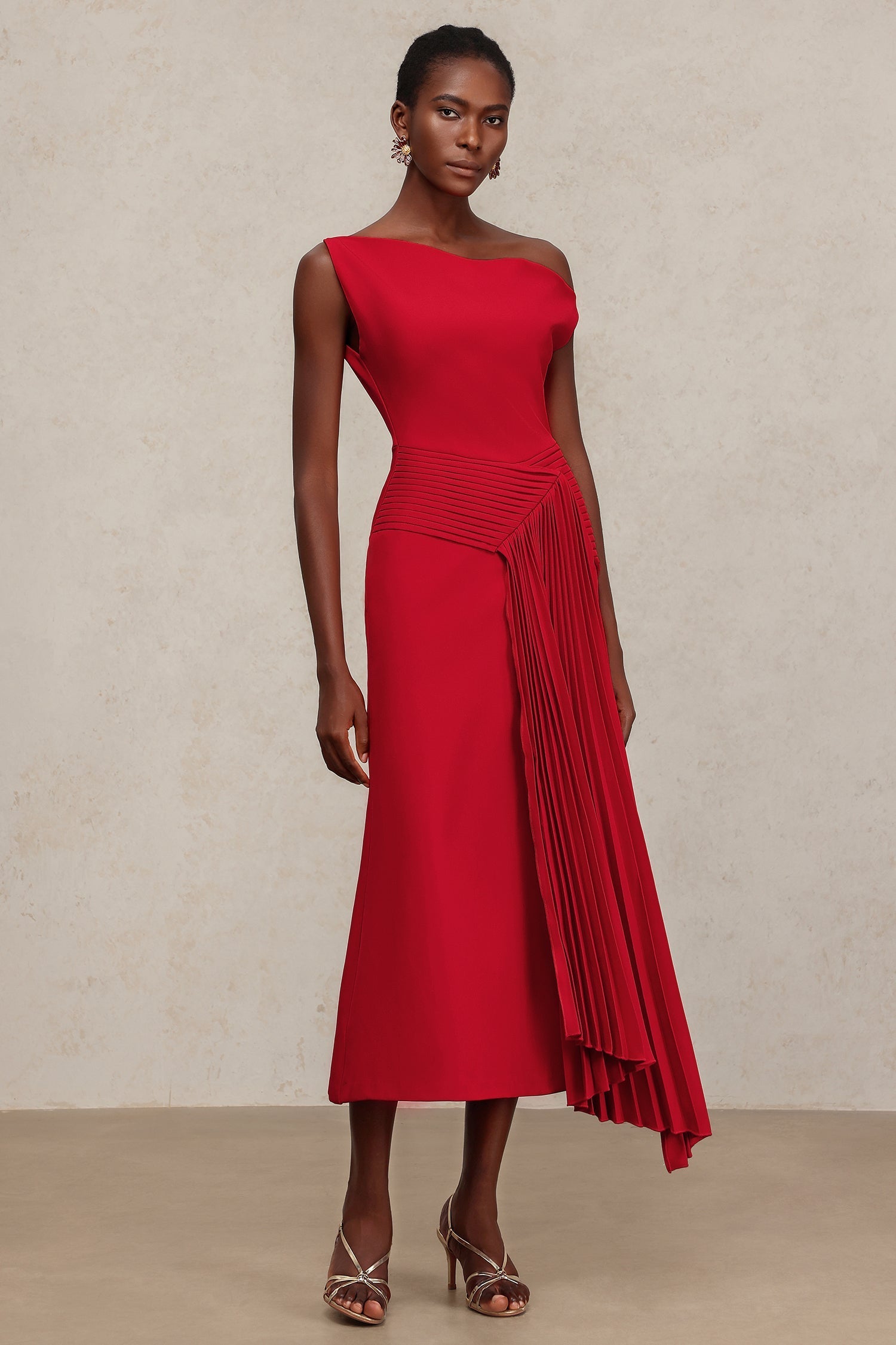 Mariarosa Red Asymmetrical Neckline Dress for Women Formal Occasions