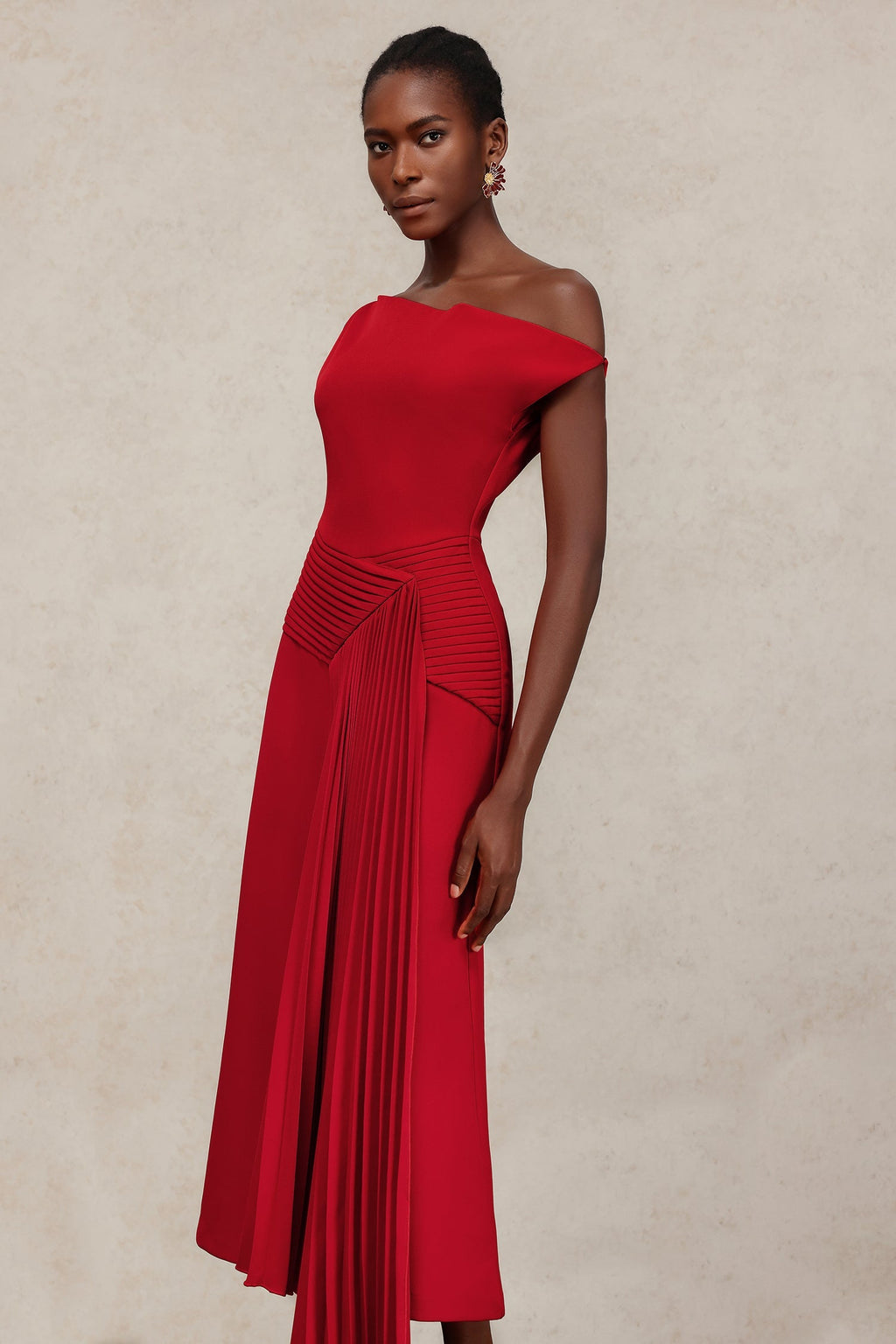Mariarosa Red Asymmetrical Neckline Dress for Women Formal Occasions Galas Weddings Elegant Night Out Midi Length