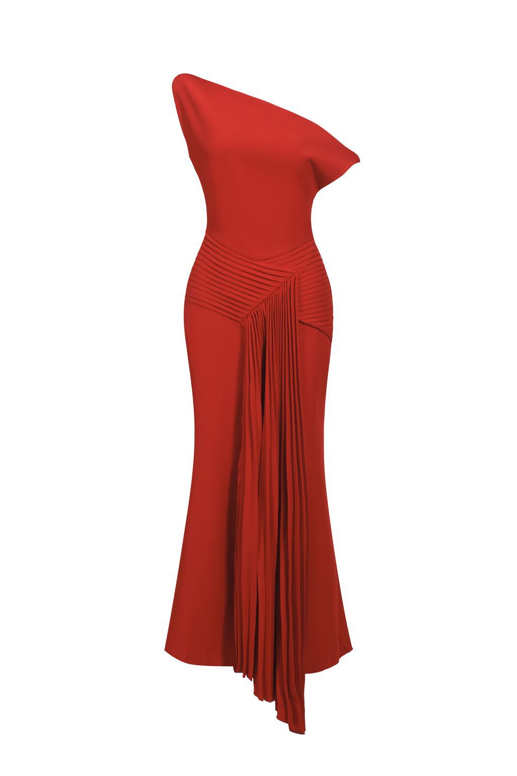 Mariarosa Red Asymmetrical Neckline Dress Elegant Sophisticated High Quality Fabric Formal Occasions Midi Length