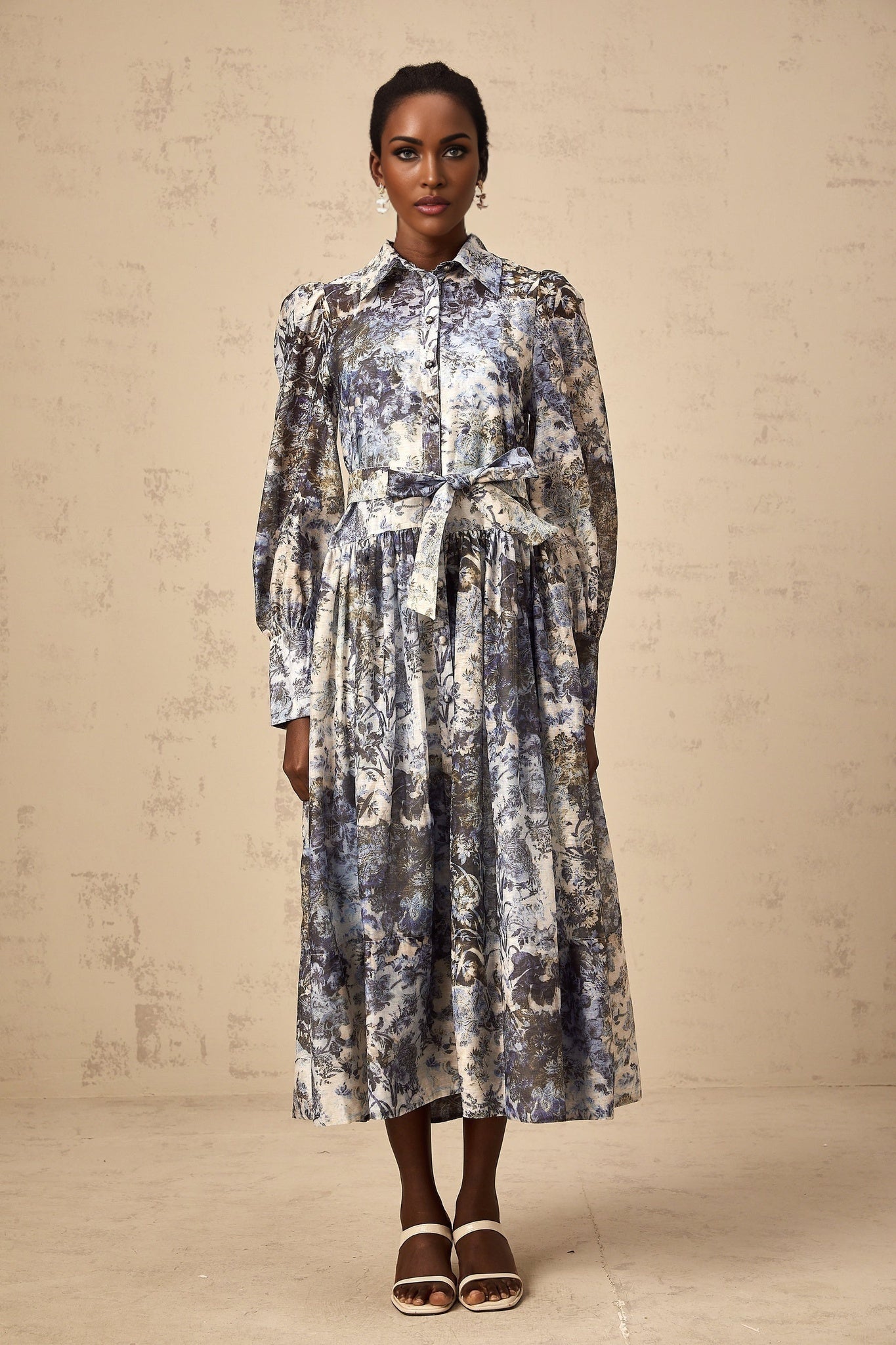 Mariateresa Floral Midi Dress in Blue with Long Puff Sleeves & SelfTie Design