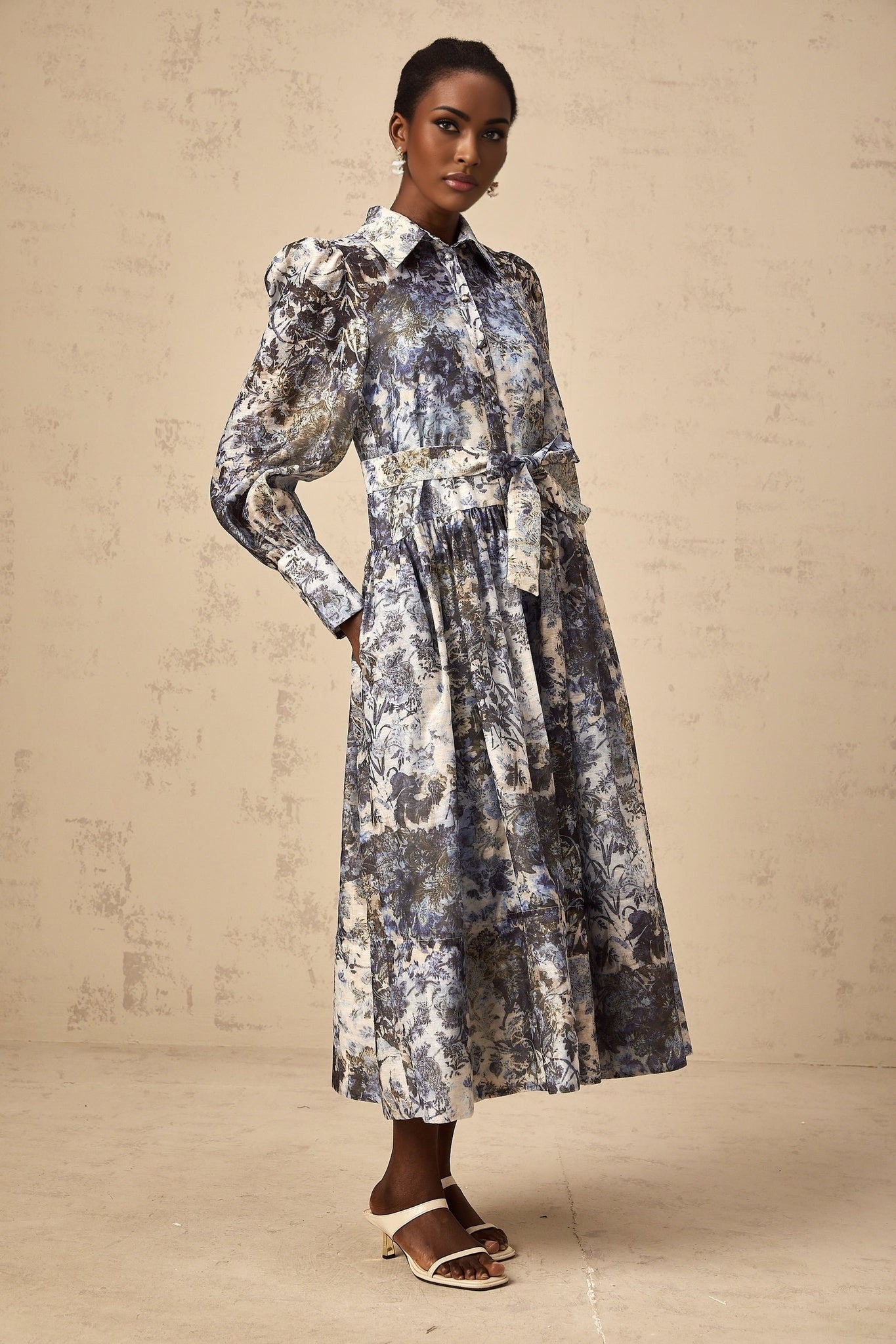 Mariateresa Floral Midi Dress in Blue with Long Puff Sleeves & SelfTie Design