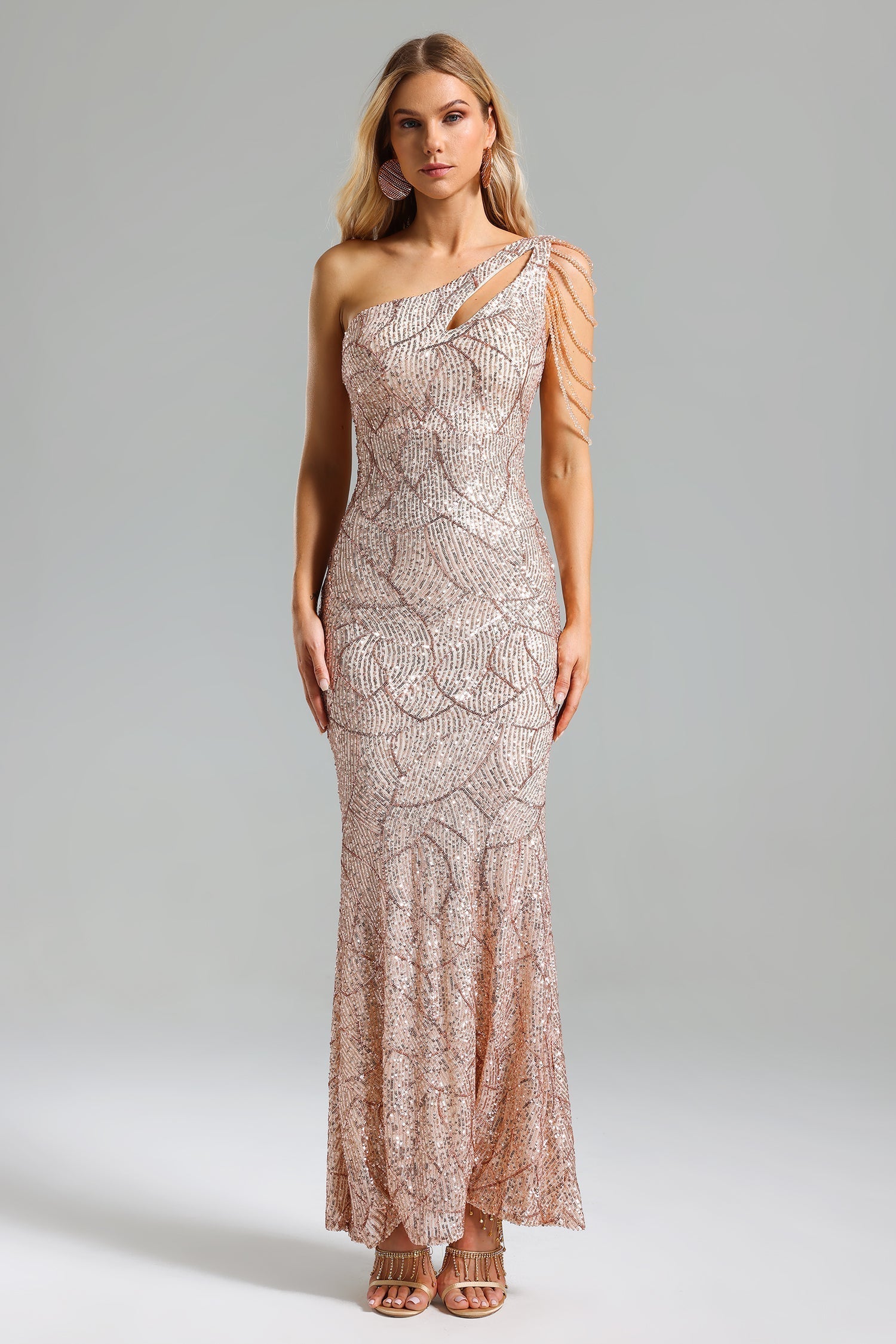 Mariateresa Rose Sequin One-Shoulder Maxi Dress for Special Occasions