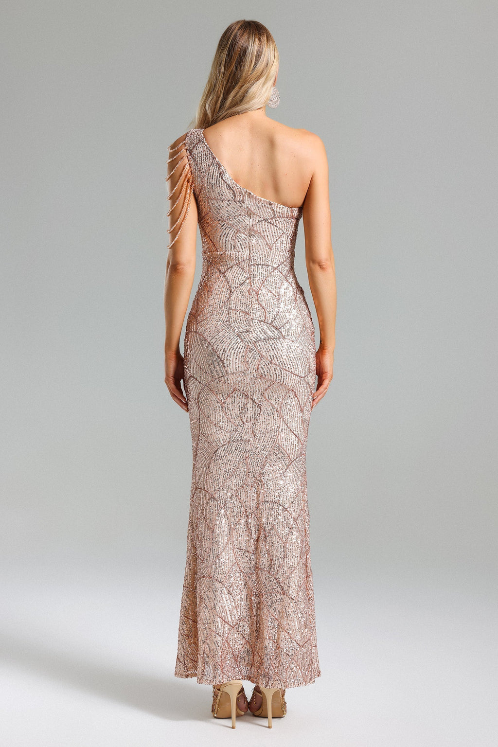 Mariateresa Rose Sequin One-Shoulder Maxi Dress for Evening Events Galas and Formal Parties