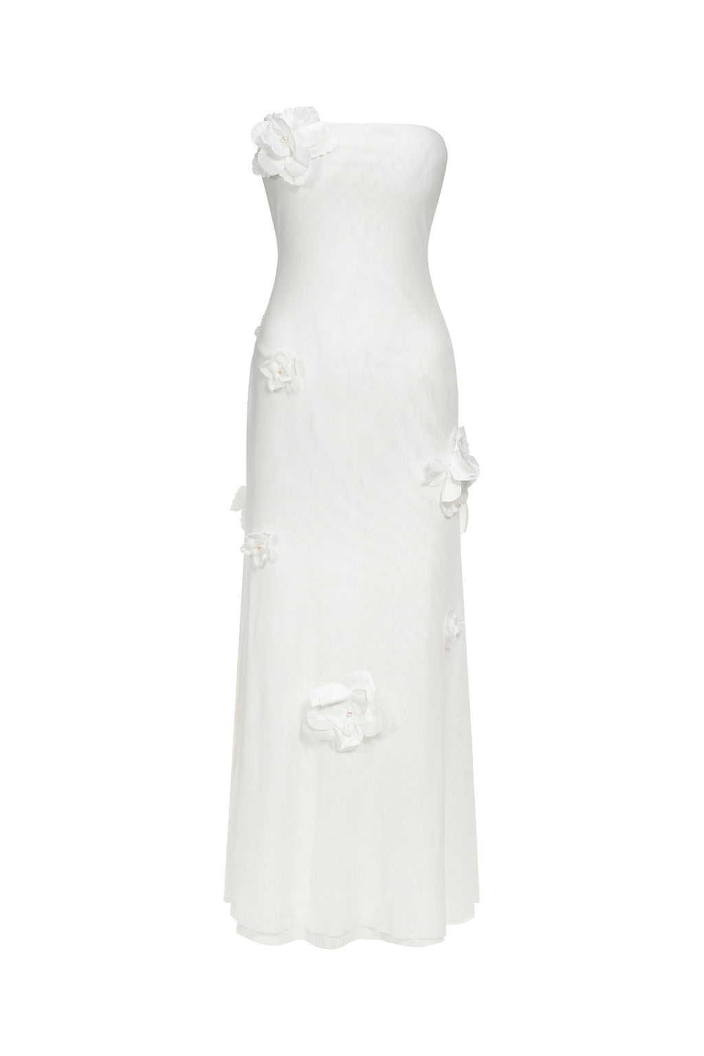 Mariateresa White Strapless Maxi Dress with High Slit and Floral Detailing