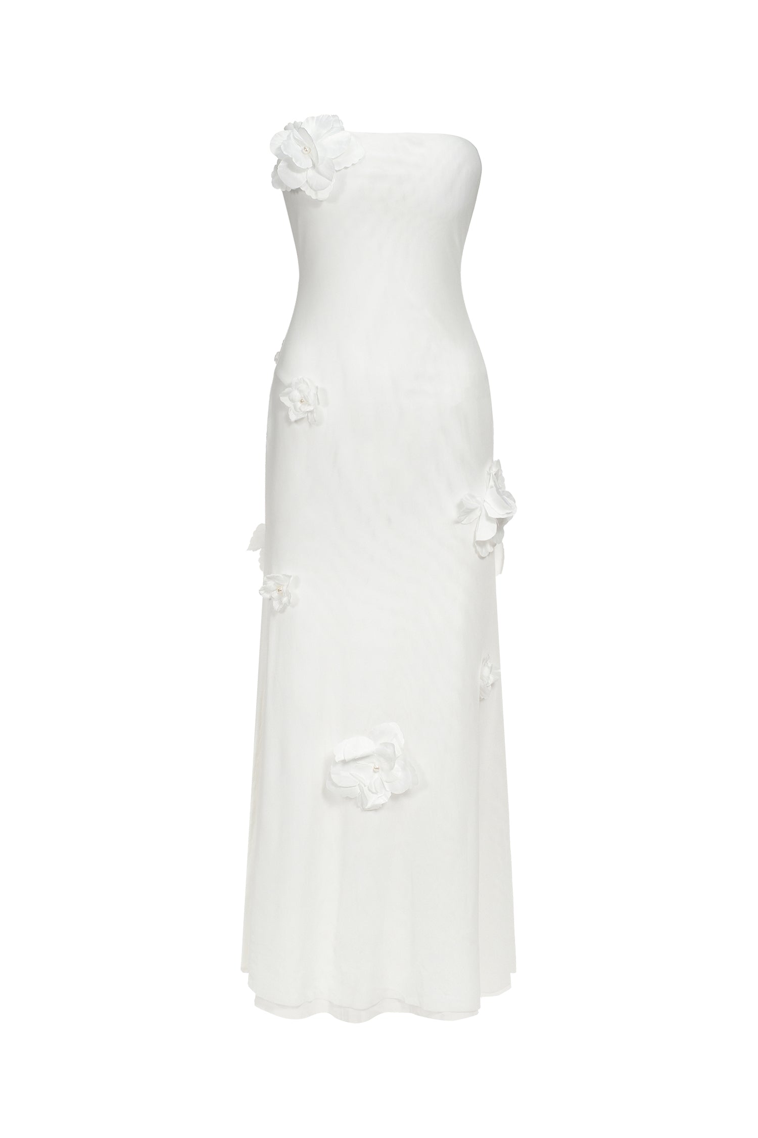 Mariateresa White Strapless Maxi Dress with High Slit and Floral Detailing