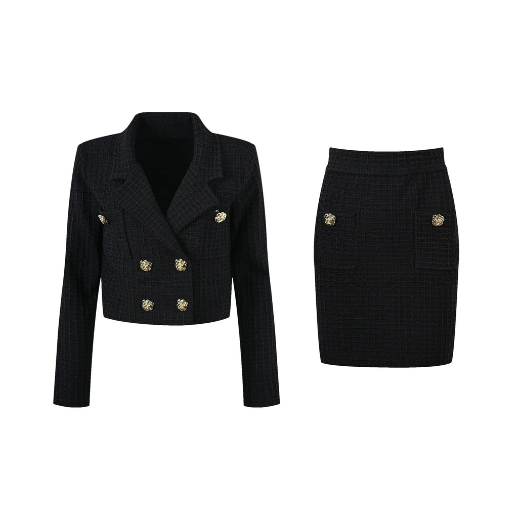 Mariella Jacket & Skirt Black Waffle Knit Set