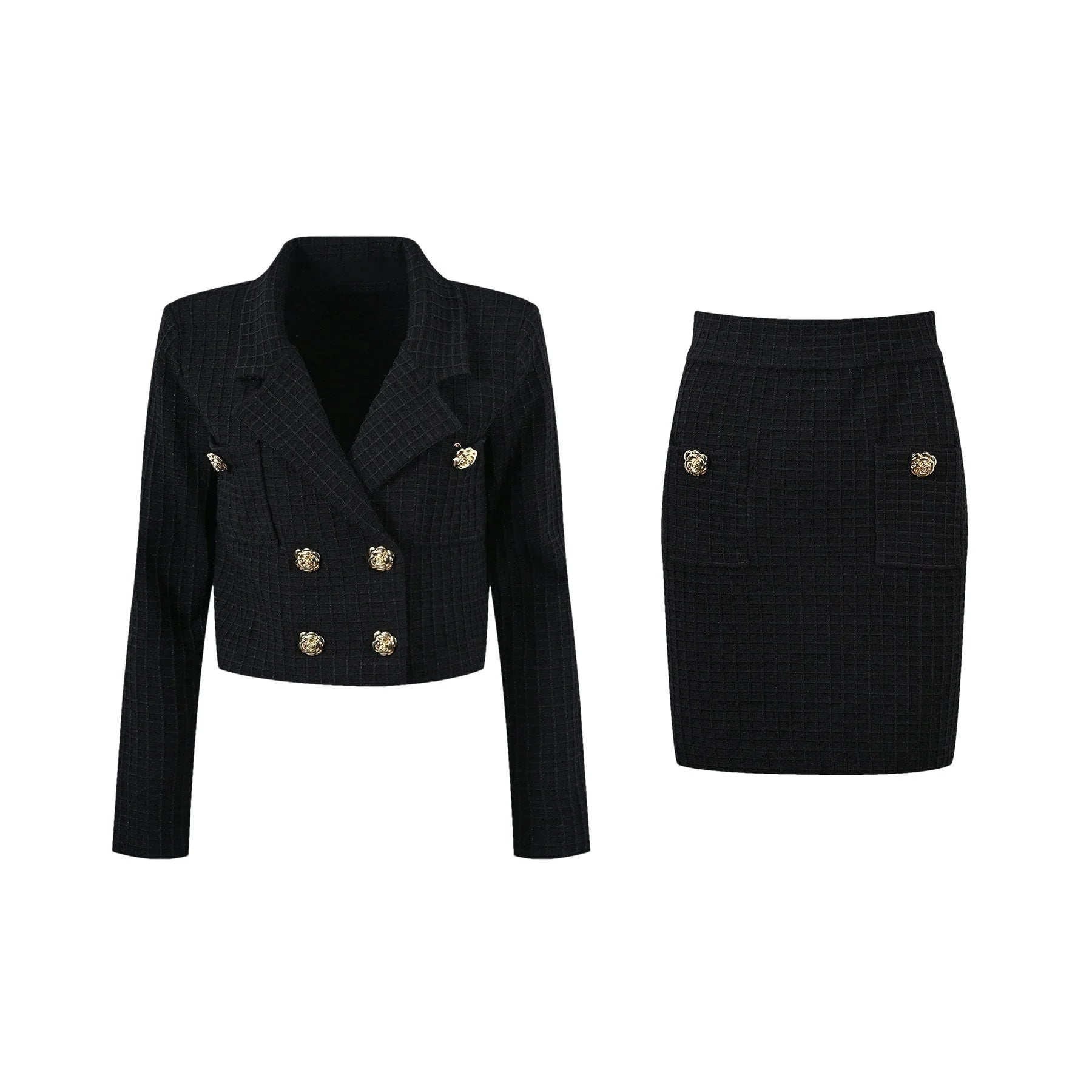 Mariella Jacket & Skirt Black Waffle Knit Set