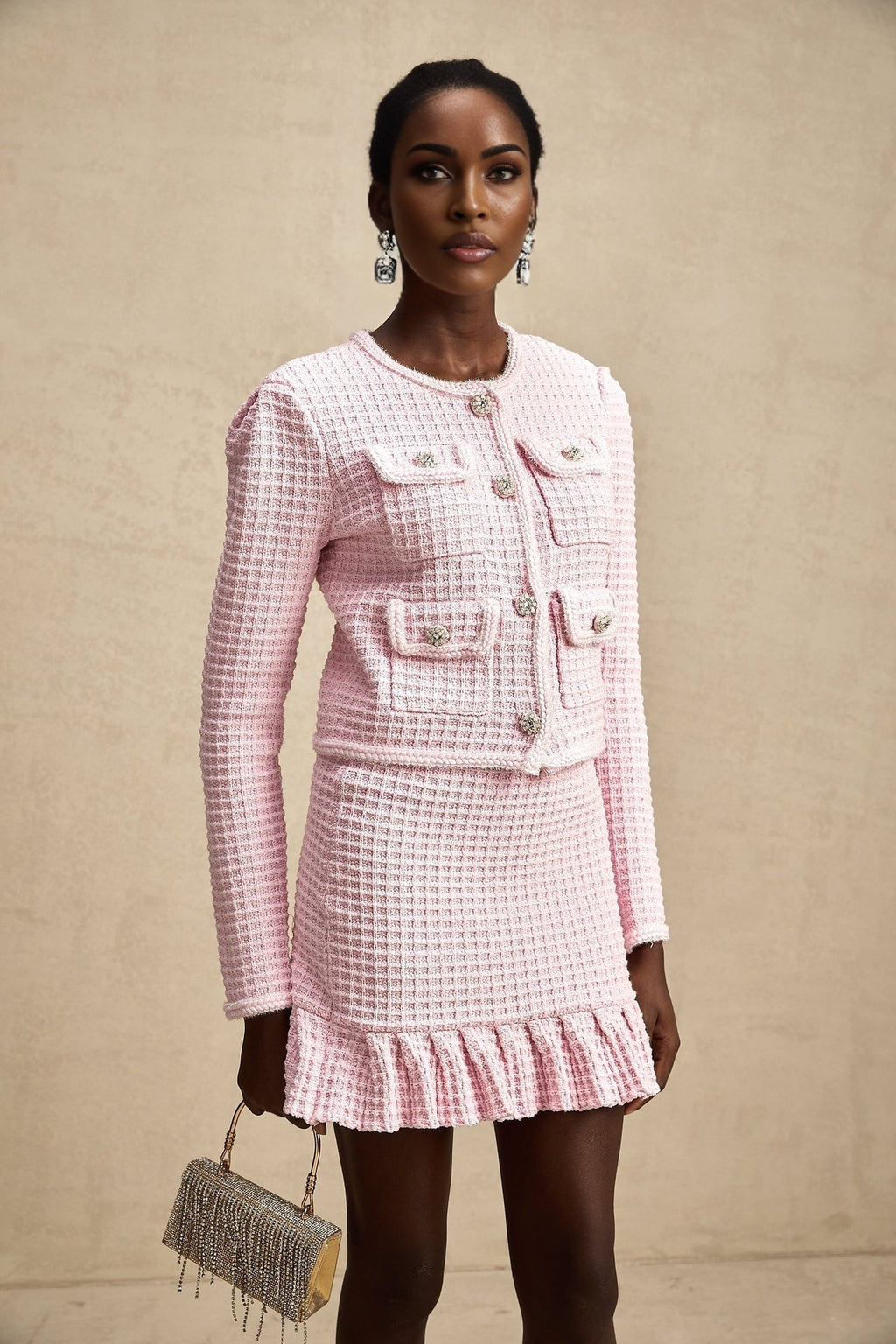 Mariella Jacket & Skirt Mariella Pink Waffle Knit Crystal Embellished