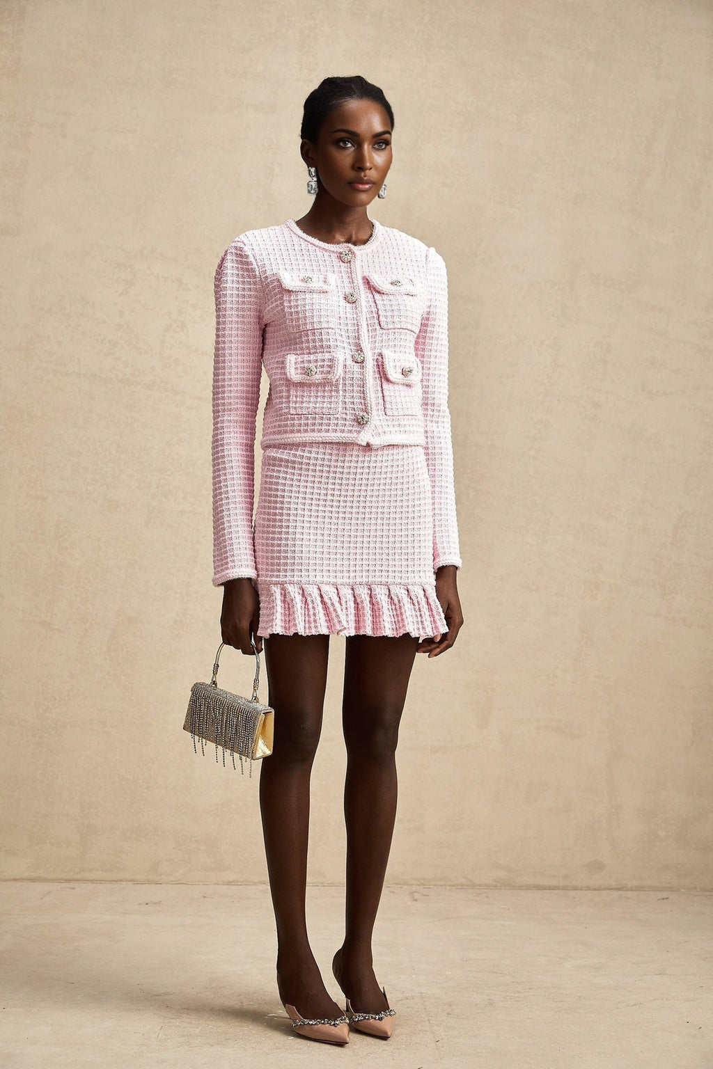 Mariella Jacket & Skirt Mariella Pink Waffle Knit Crystal Embellished
