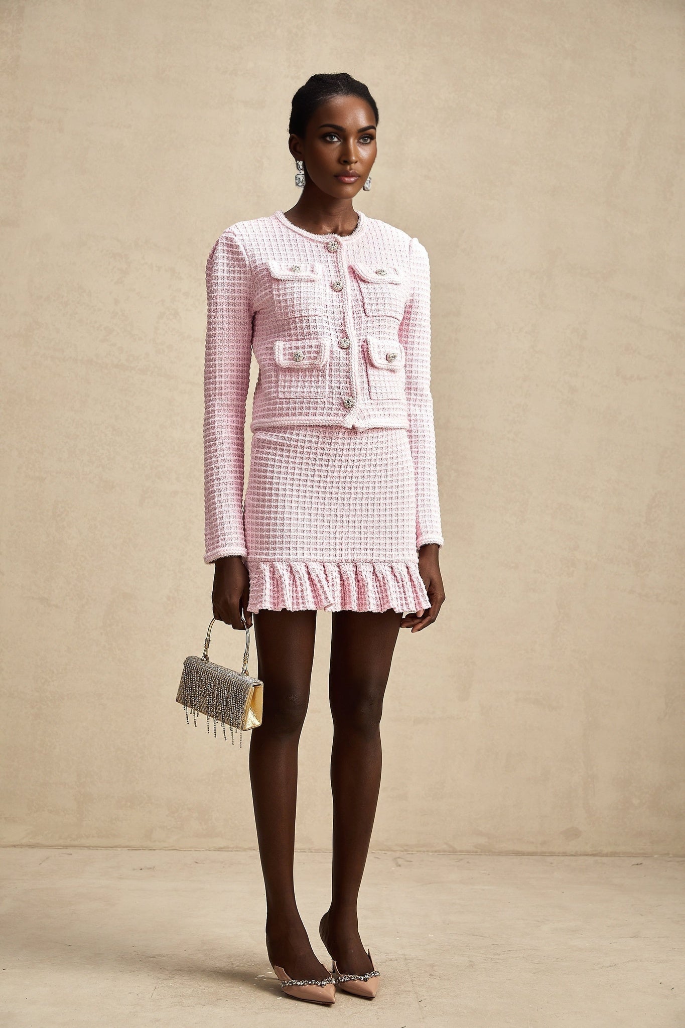 Mariella Jacket & Skirt Mariella Pink Waffle Knit Crystal Embellished