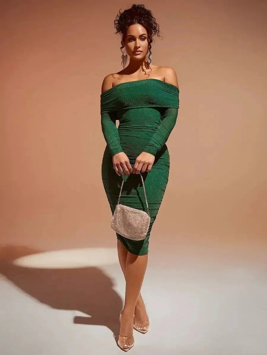 Mariella Midi Dress - Off The Shoulder - Ruched Detail - Bodycon Fit - Metallic Material
