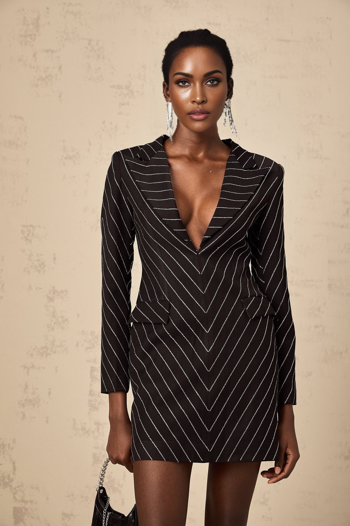 Mariella Mini Dress Black Striped Rhinestone Embellished & Chic