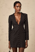 Mariella Mini Dress Black Striped Rhinestone Embellished & Chic