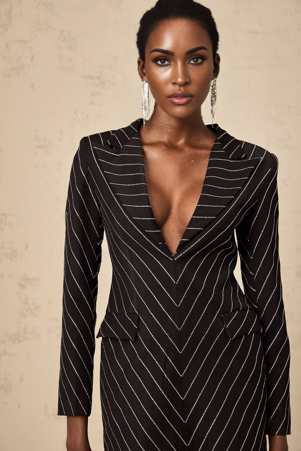 Mariella Mini Dress Black Striped Rhinestone Embellished & Chic