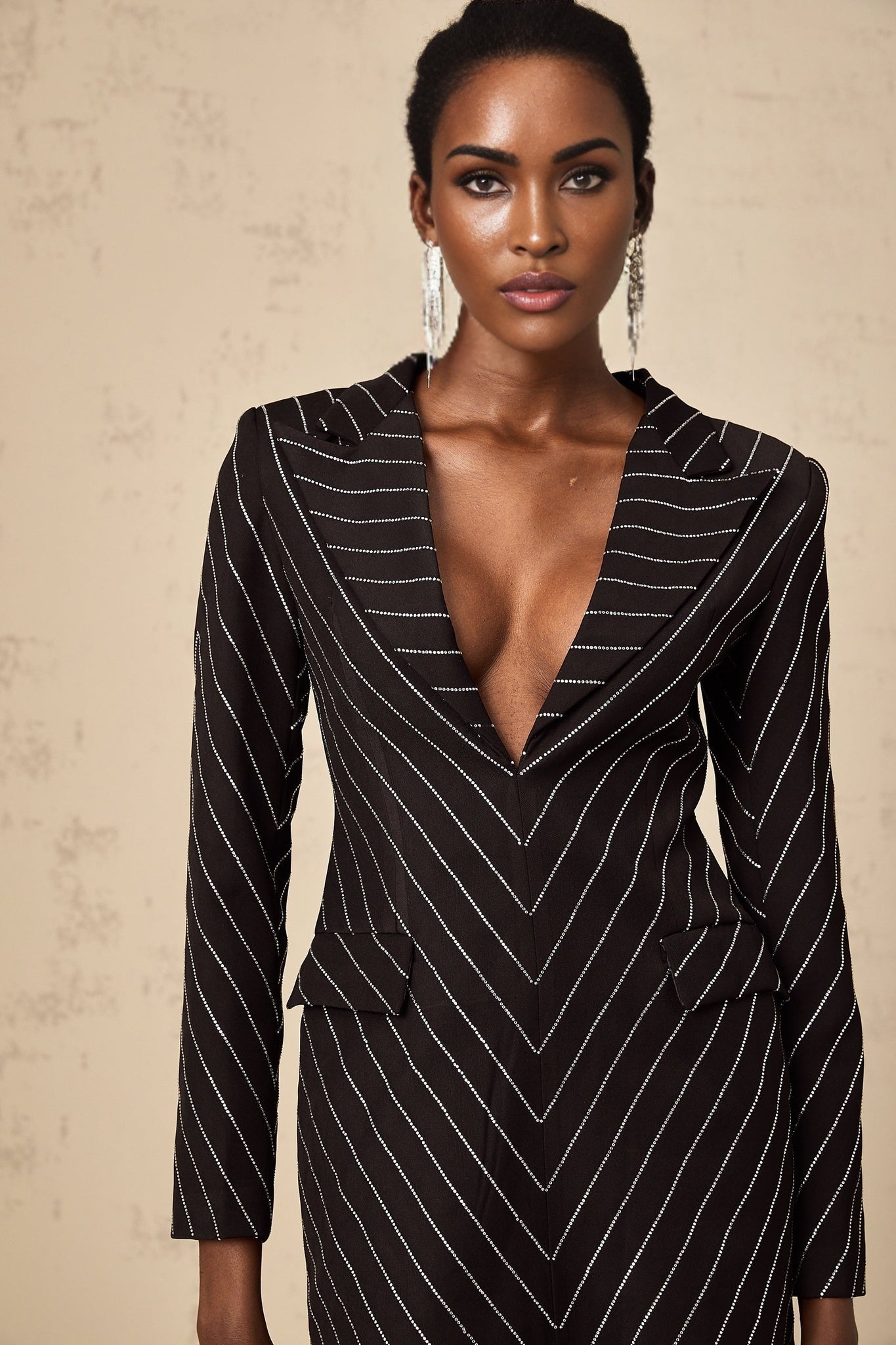 Mariella Mini Dress Black Striped Rhinestone Embellished & Chic