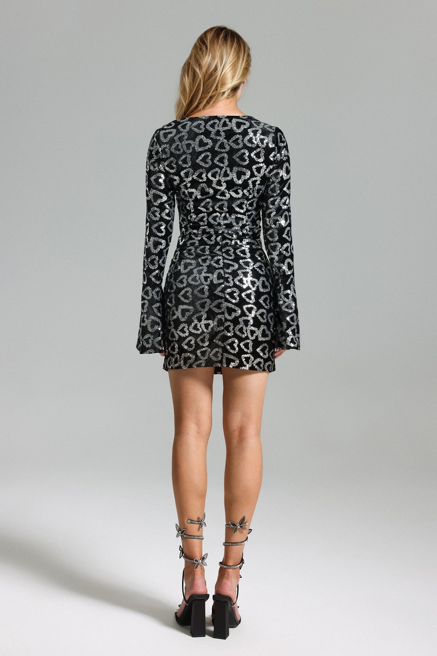 Marina Black Sequin V Neck Long Sleeve Bodycon Dress