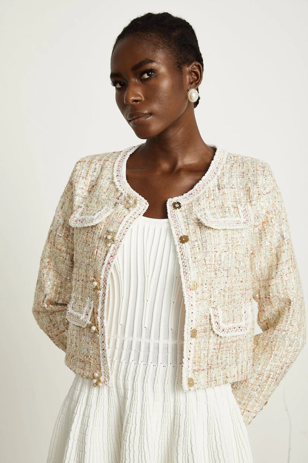 Marina Bouclé Tweed Jacket with Sequin Embellishment