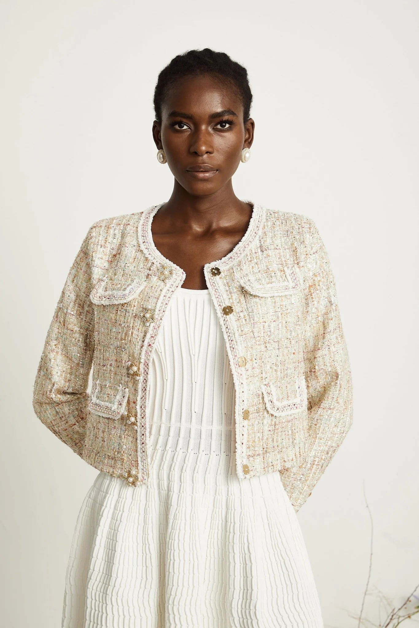 Marina Bouclé Tweed Jacket with Sequin Embellishment